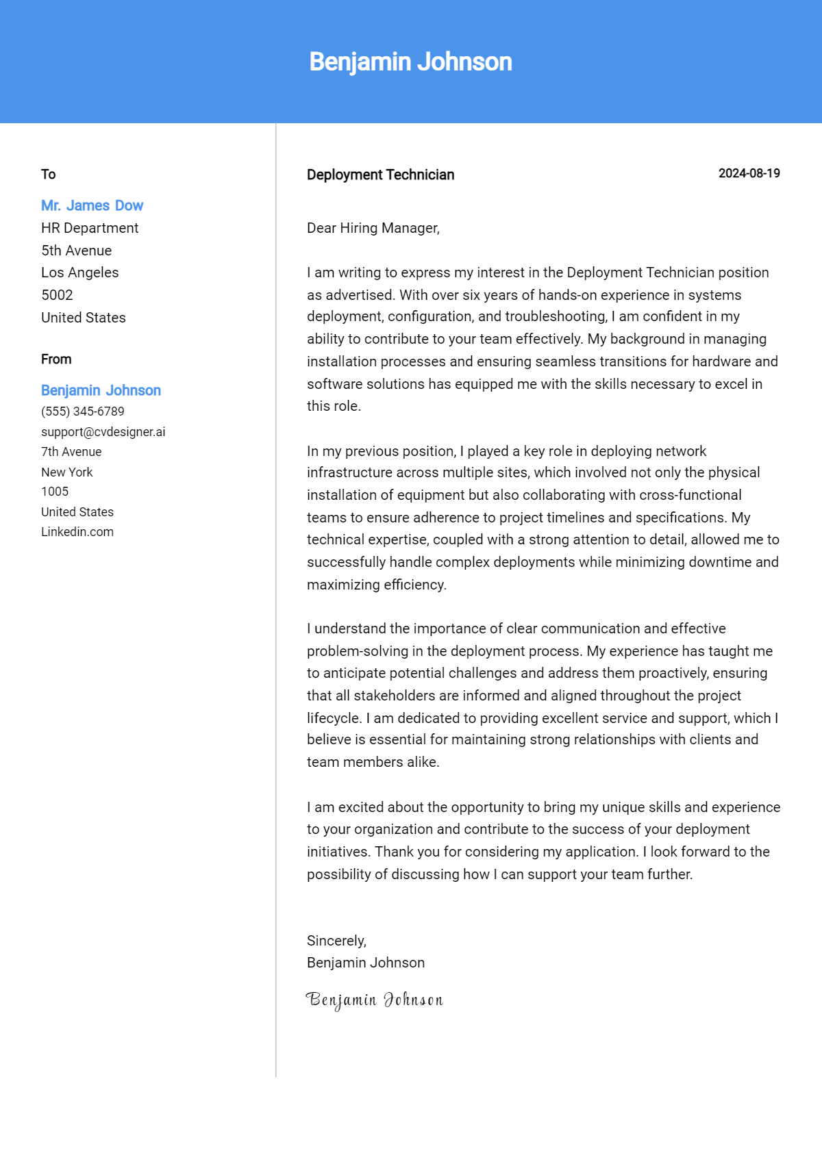 Deployment Technician Cover Letter Example for 2026: Free Templates Preview