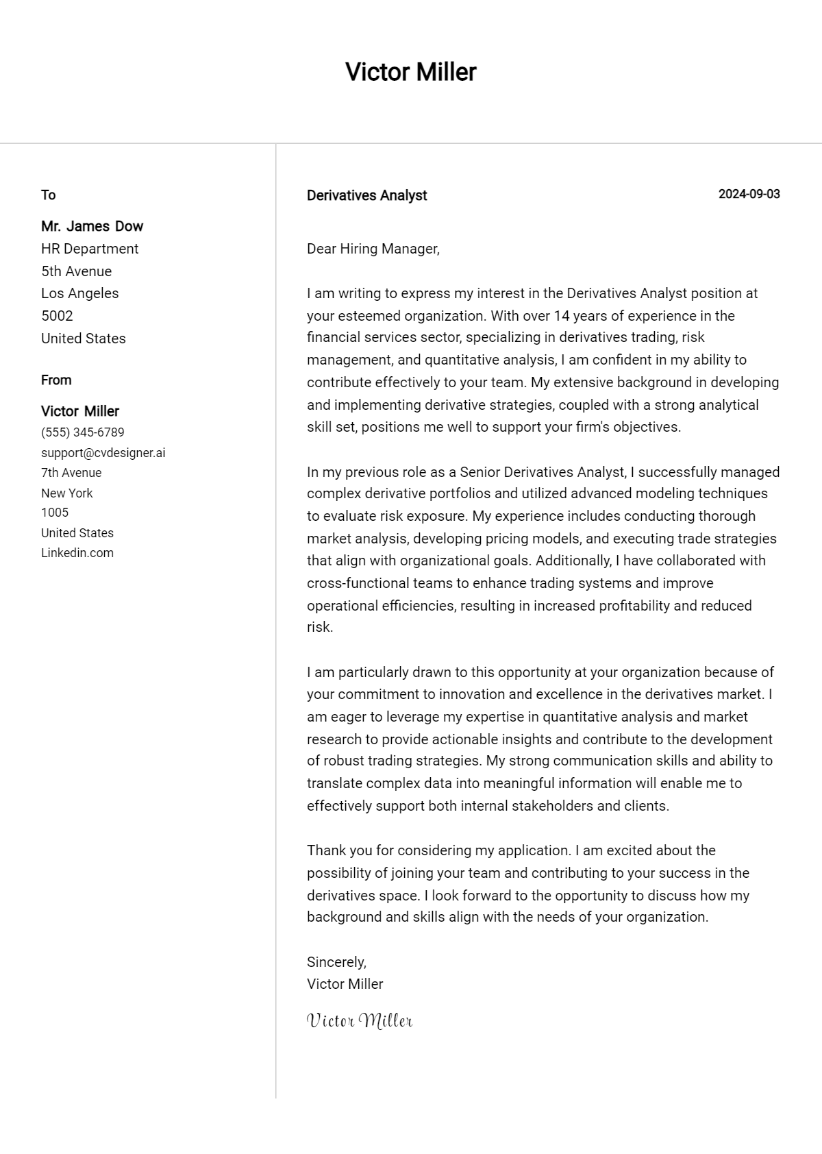 Derivatives Analyst Cover Letter Example for 2026 (Download Templates) Preview