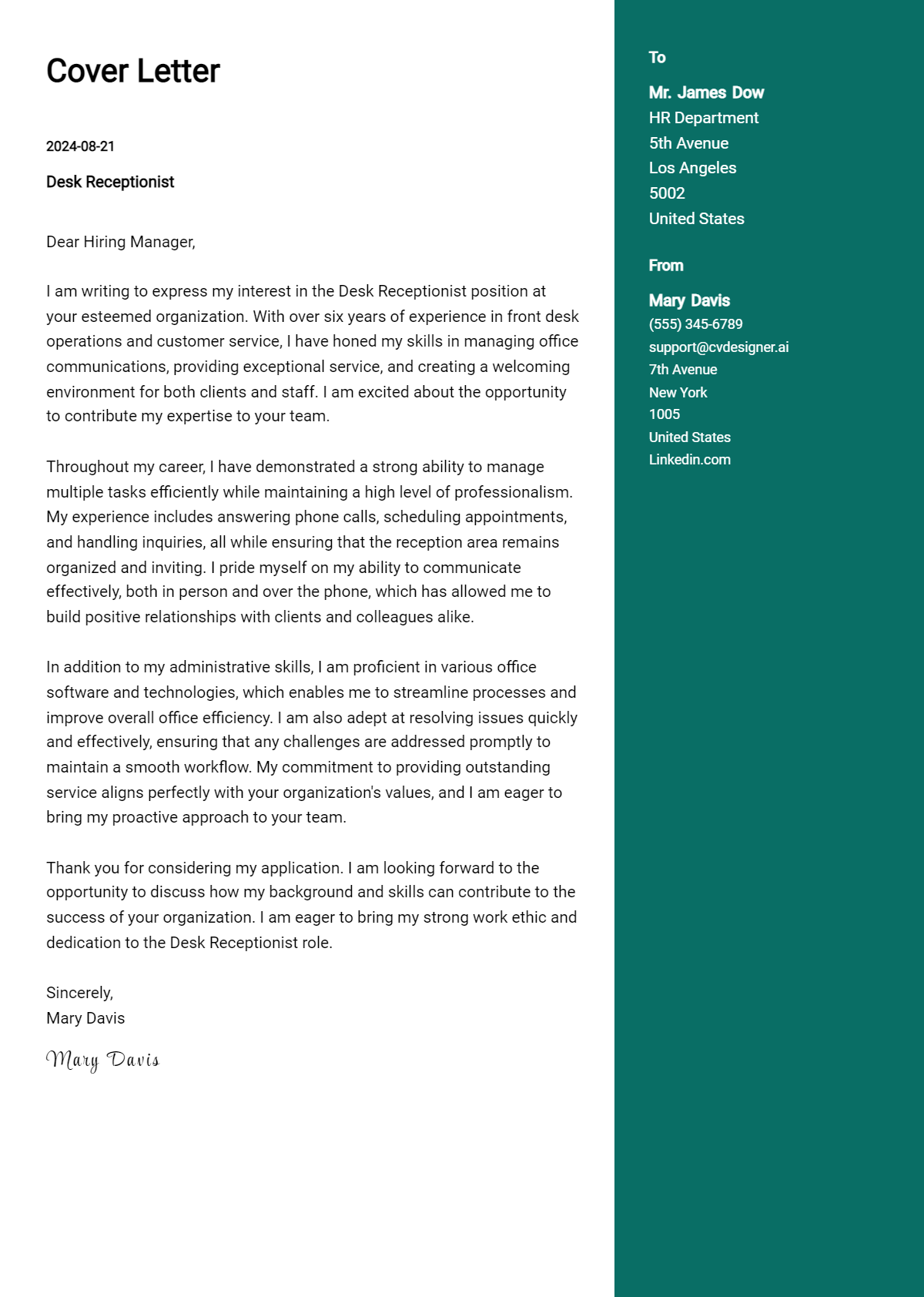 Desk Receptionist Cover Letter Example for 2026: Top CV Skills Preview