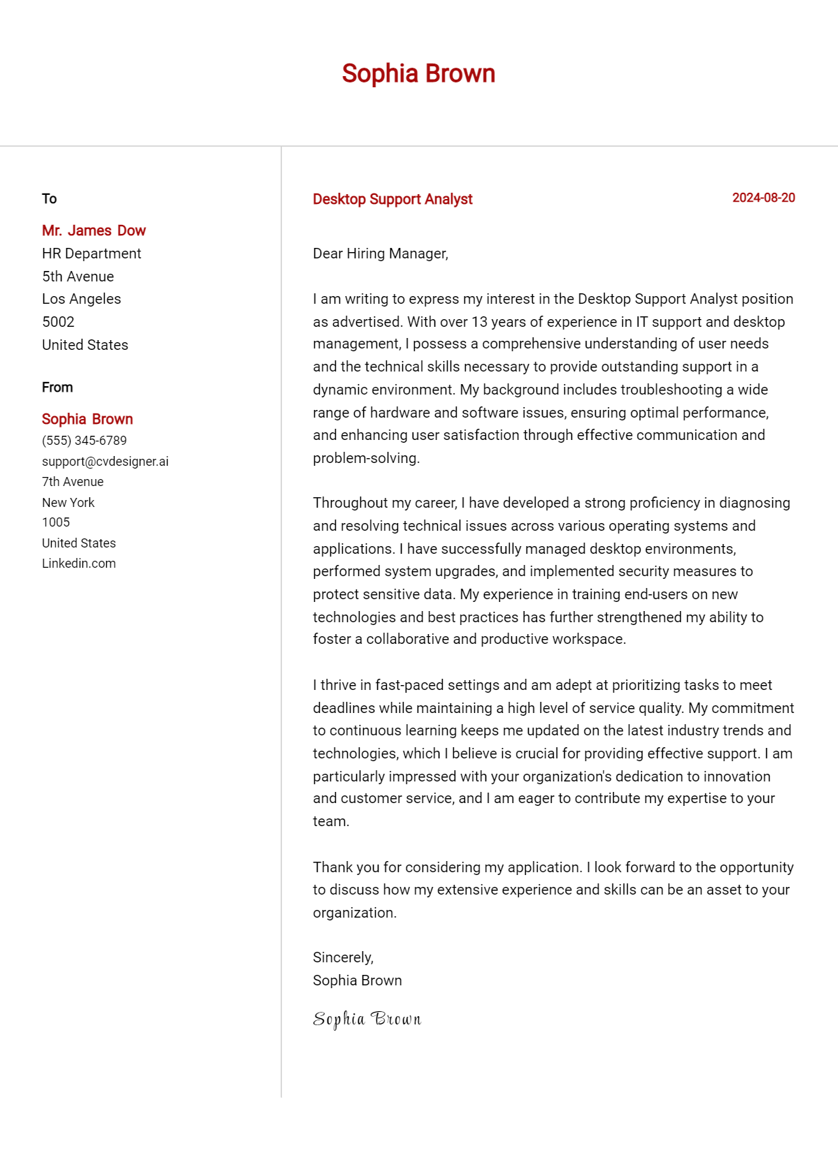 Desktop Support Analyst Cover Letter Example for 2026 (Free Templates) Preview