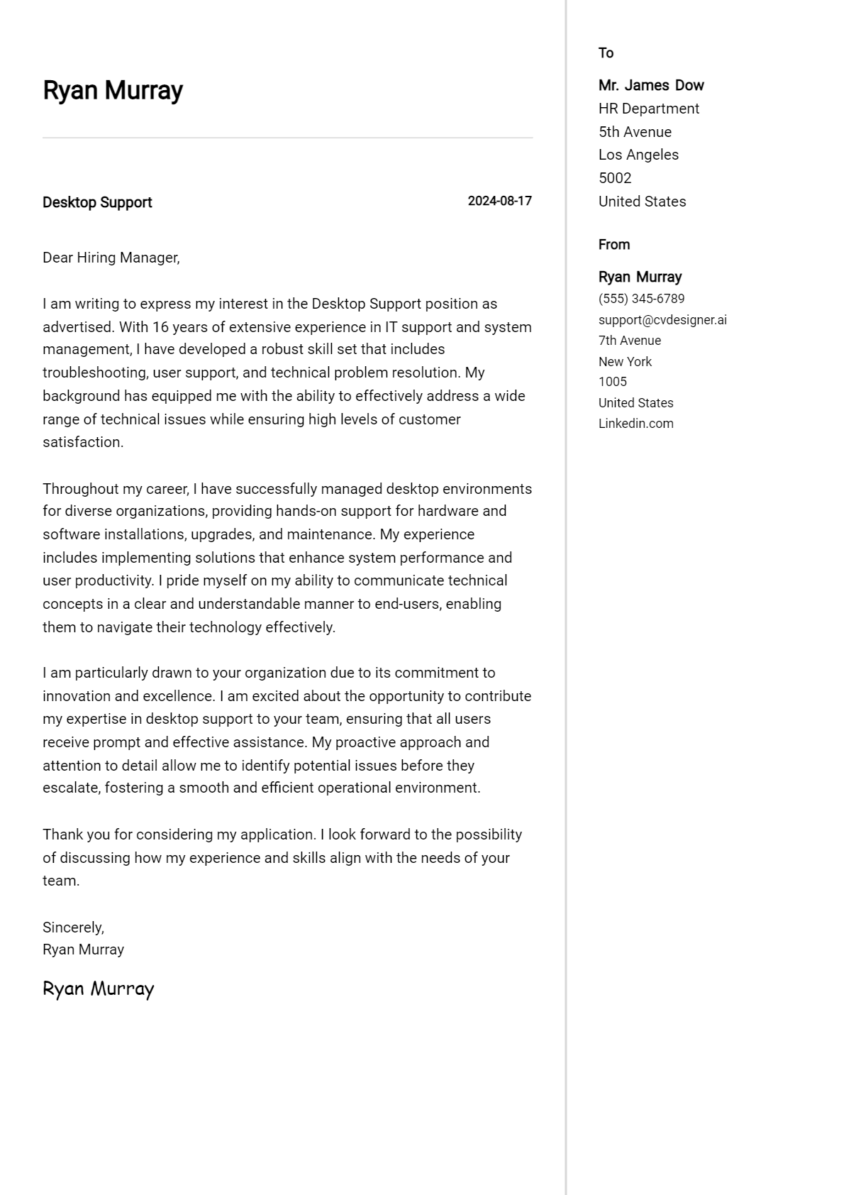 Desktop Support Cover Letter Samples & Examples 2026 Preview