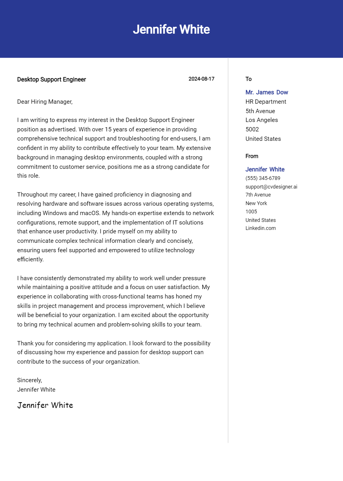 Desktop Support Engineer Cover Letter Example for 2026 (Free Templates) Preview