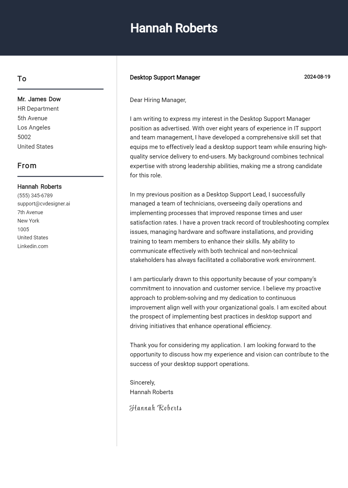 Desktop Support Manager Cover Letter Examples & Samples for 2026 Preview