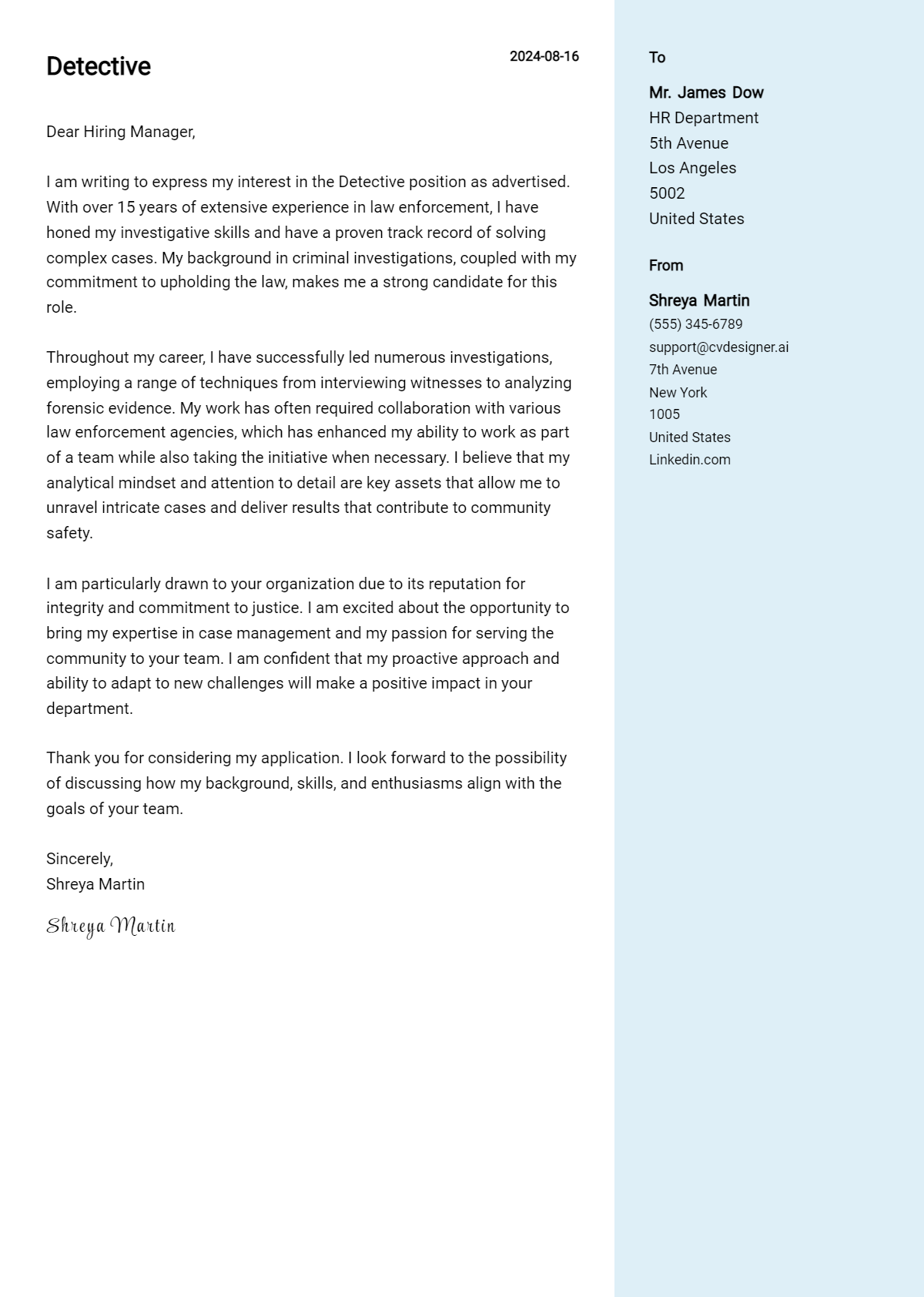 Detective Cover Letter Example for 2026: Top CV Skills Preview