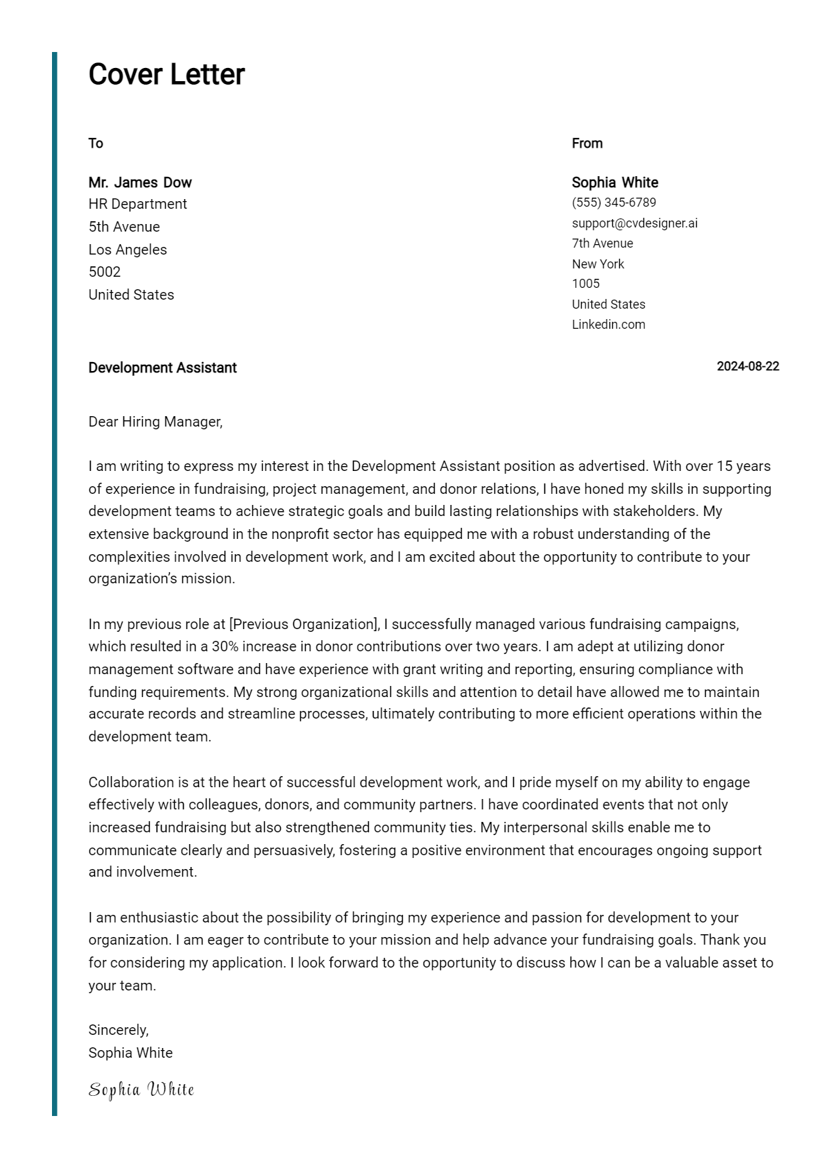 Development Assistant Cover Letter Example for 2026: Ultimate Guide Preview
