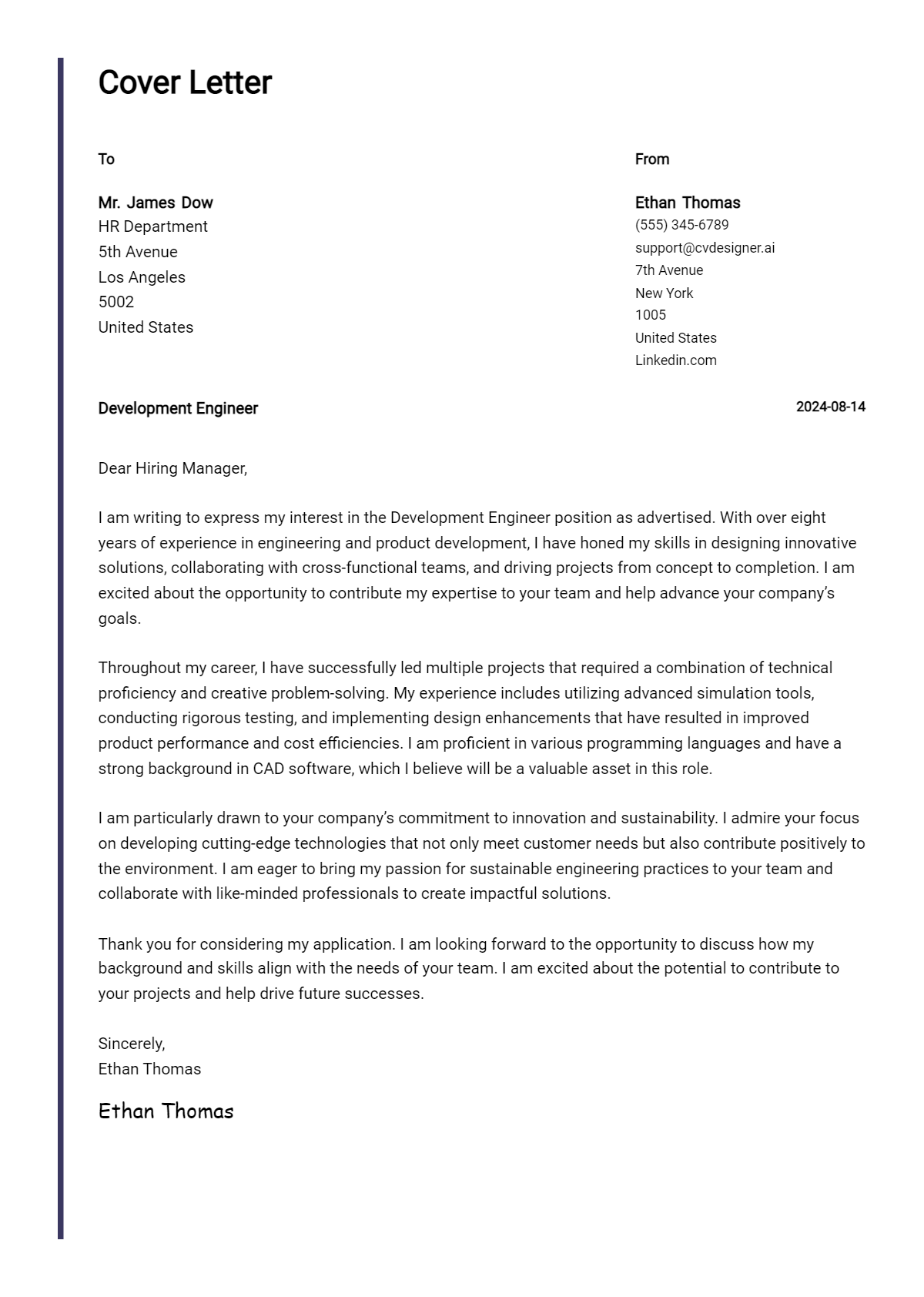 Development Engineer Cover Letter Example for 2026 (Free Templates) Preview