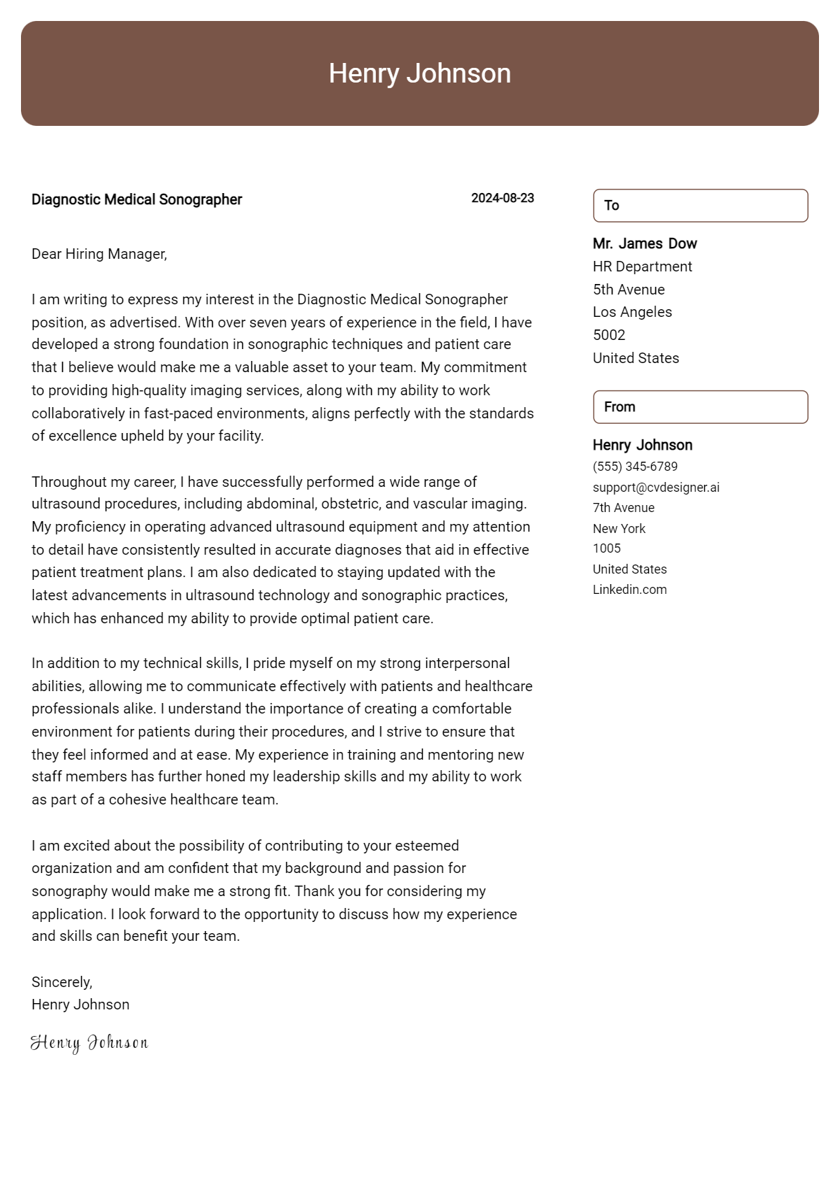 Diagnostic Medical Sonographer Cover Letter Samples & Examples 2026 Preview