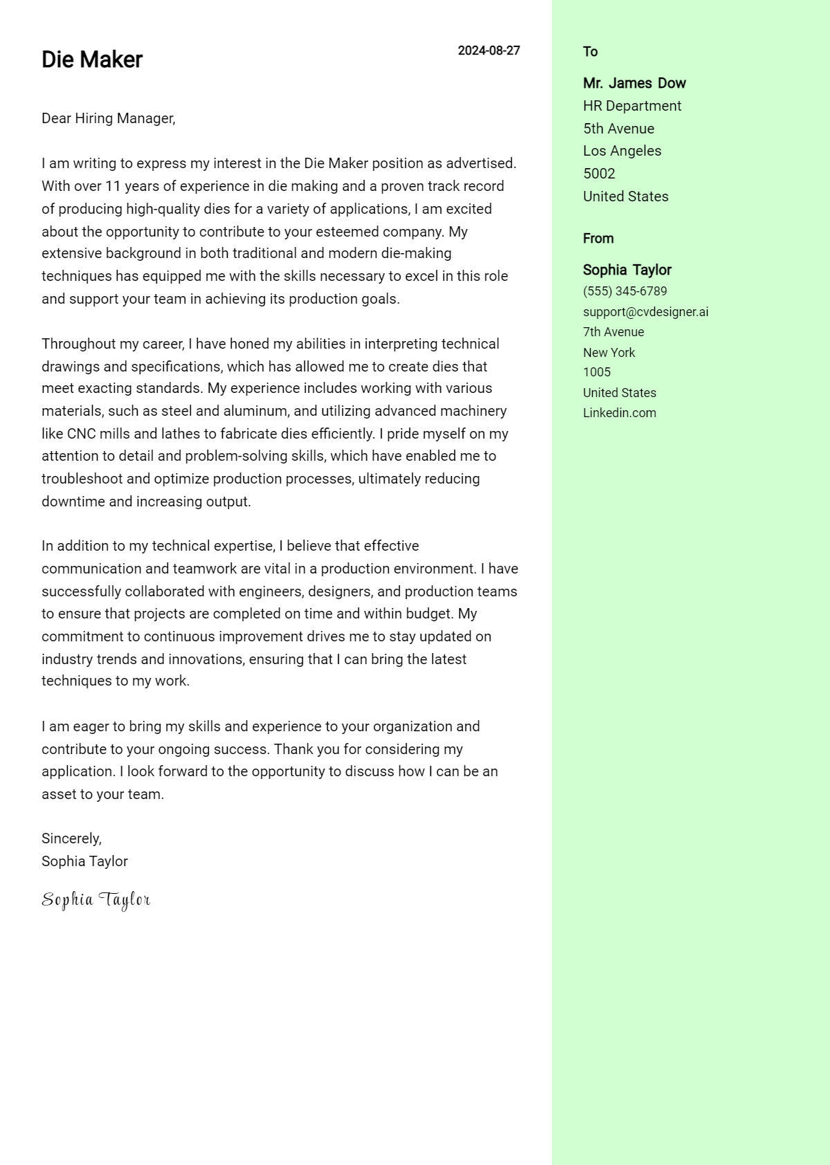 Die Maker Cover Letter Example for 2026 (Complete Writing Guide) Preview