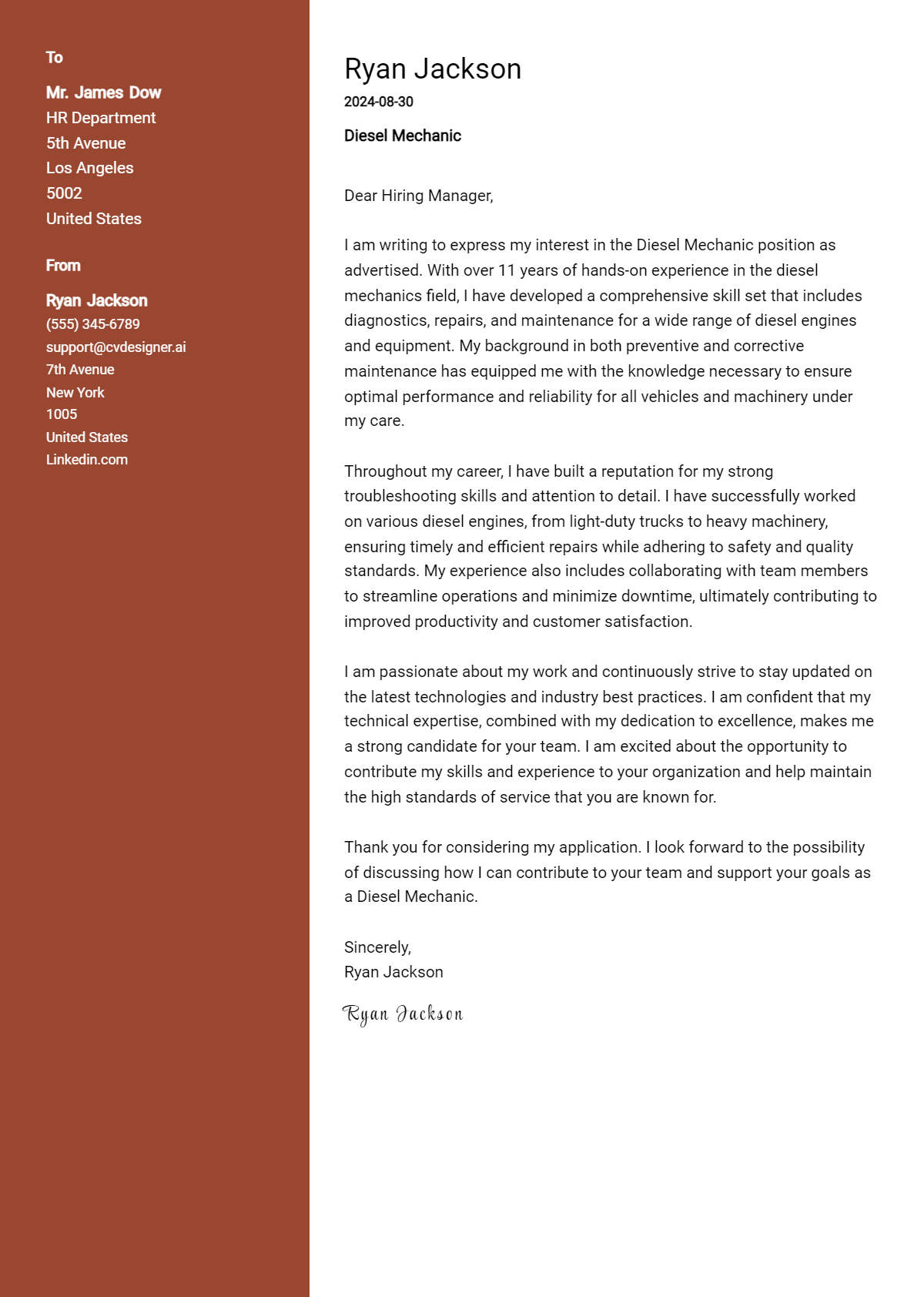 11 Diesel Mechanic Cover Letter Examples for 2026 (Free Templates) Preview