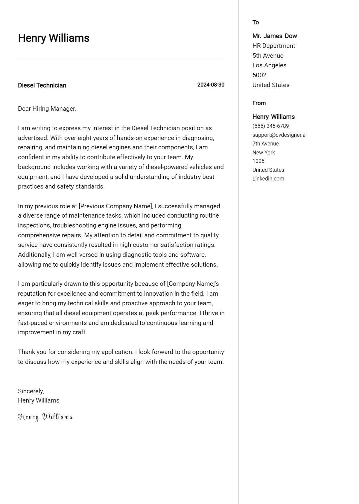Diesel Technician Cover Letter Example for 2026 (Free Templates) Preview
