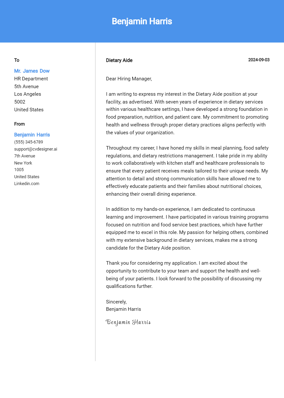 Dietary Aide Cover Letter Example for 2026 (Free Templates) Preview