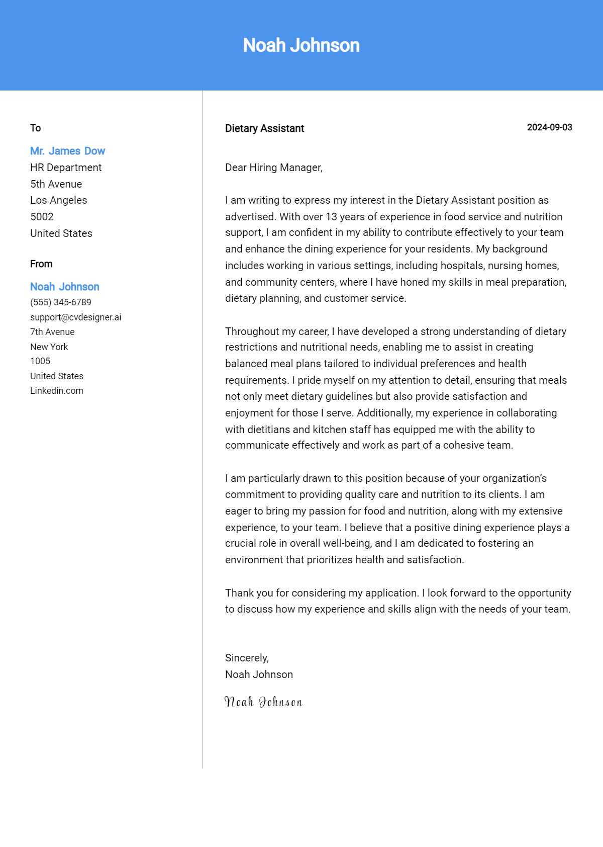 Dietary Assistant Cover Letter Example for 2026 (Free Templates) Preview