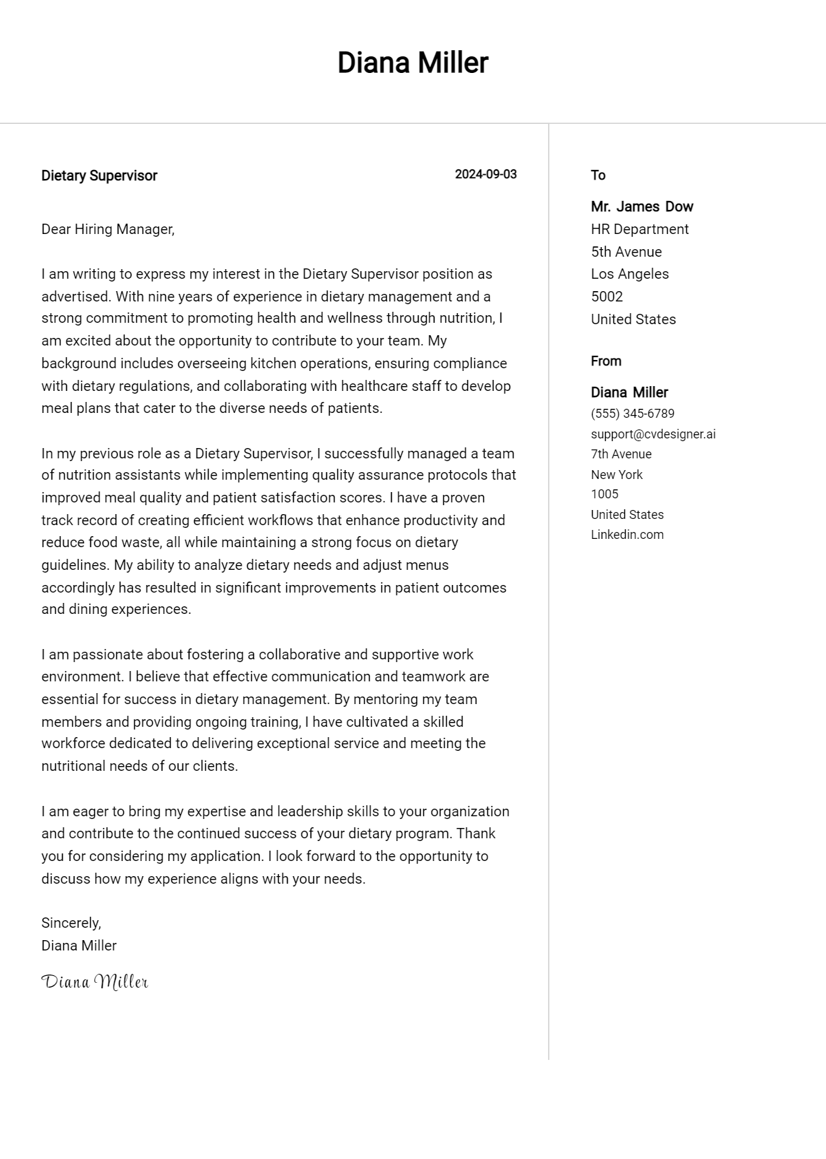 Dietary Supervisor Cover Letter Samples & Examples 2026 Preview