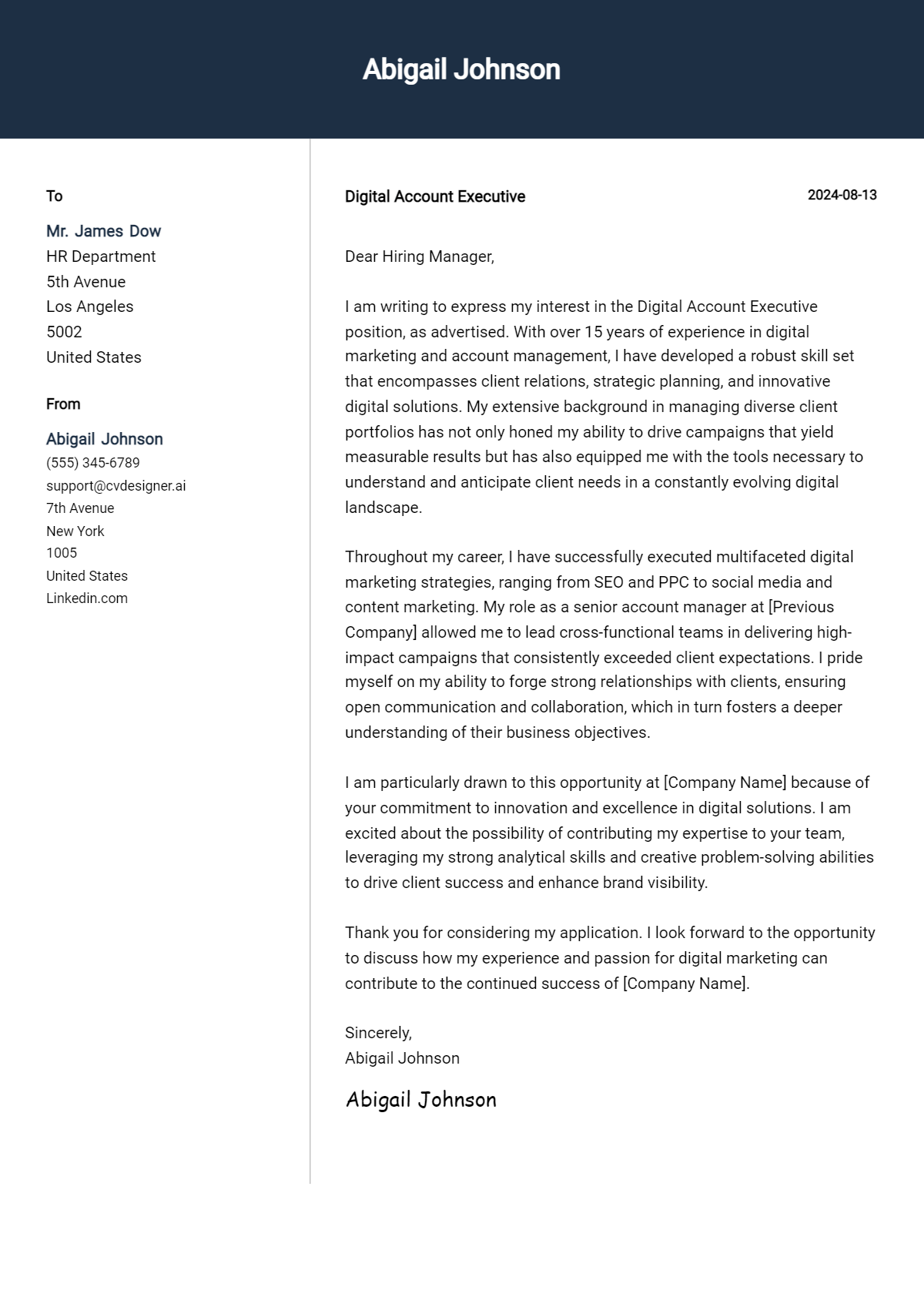 Digital Account Executive Cover Letter Example for 2026 (Download Templates) Preview