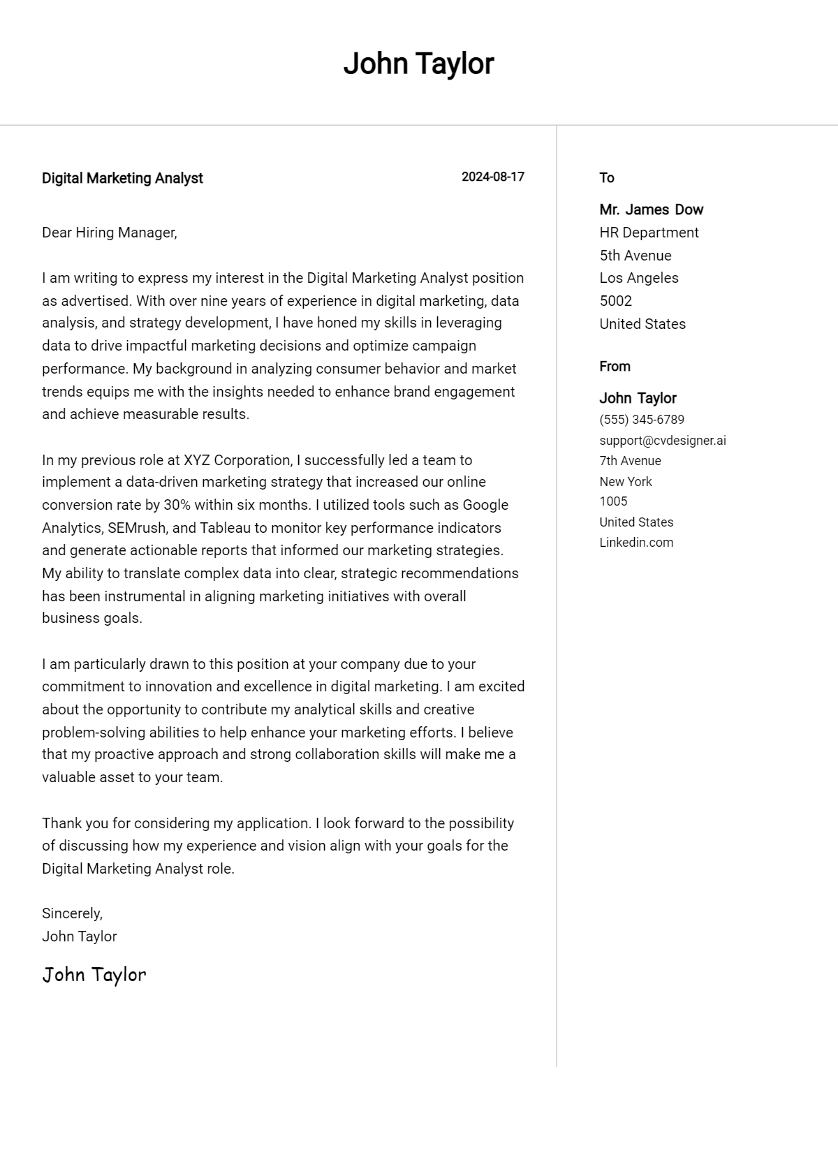 Digital Marketing Analyst Cover Letter Example for 2026: Tips & Templates Preview