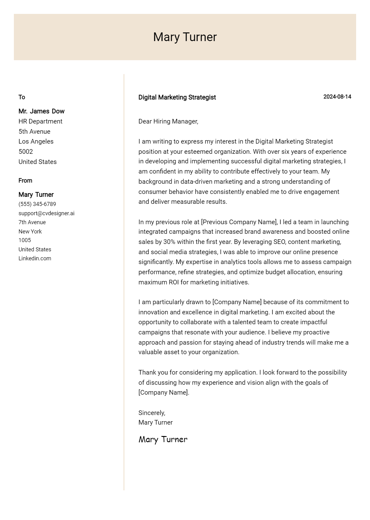 Digital Marketing Strategist Cover Letter Samples & Examples 2026 Preview