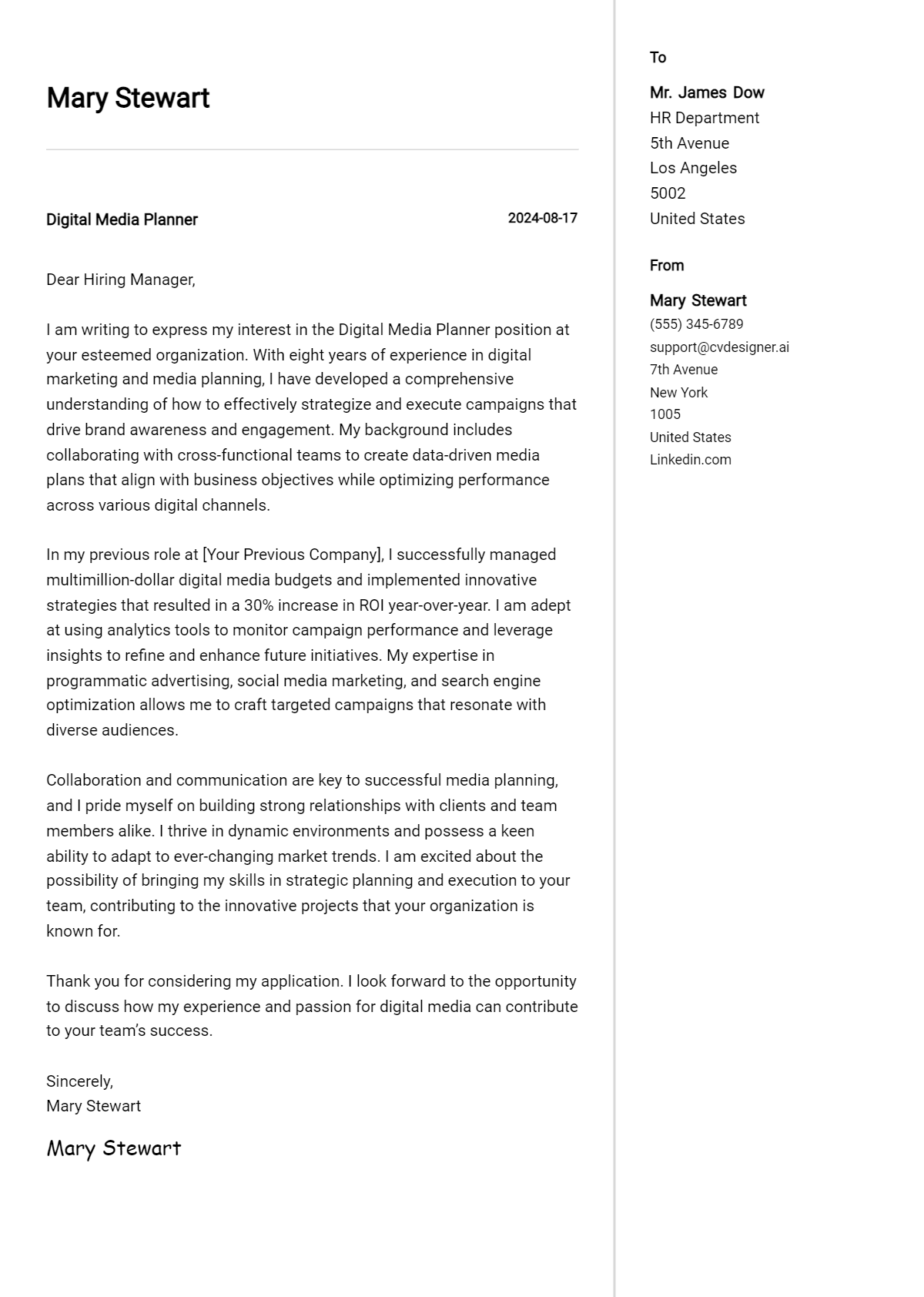Digital Media Planner Cover Letter Example for 2026 (Writing Guide) Preview