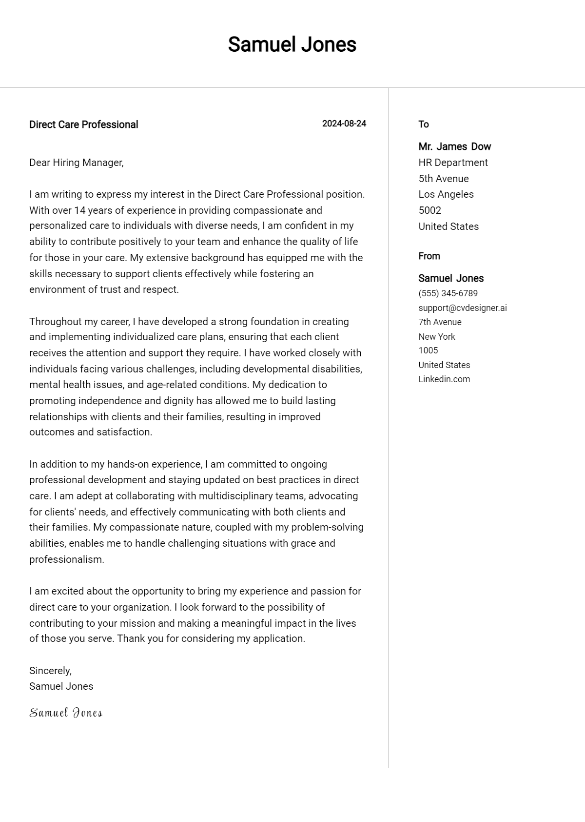 Direct Care Professional Cover Letter Samples & Examples 2026 Preview