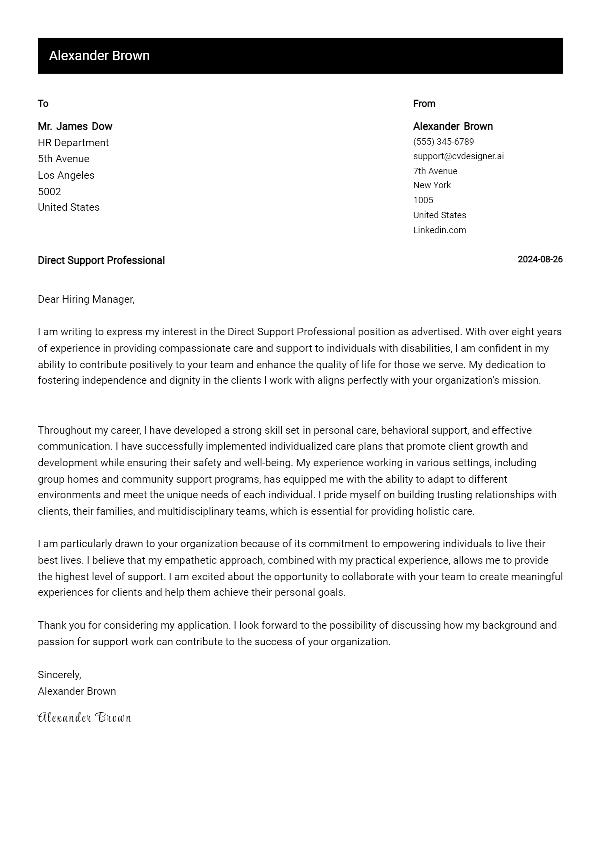 Direct Support Professional Cover Letter Example for 2026 (Complete Writing Guide) Preview