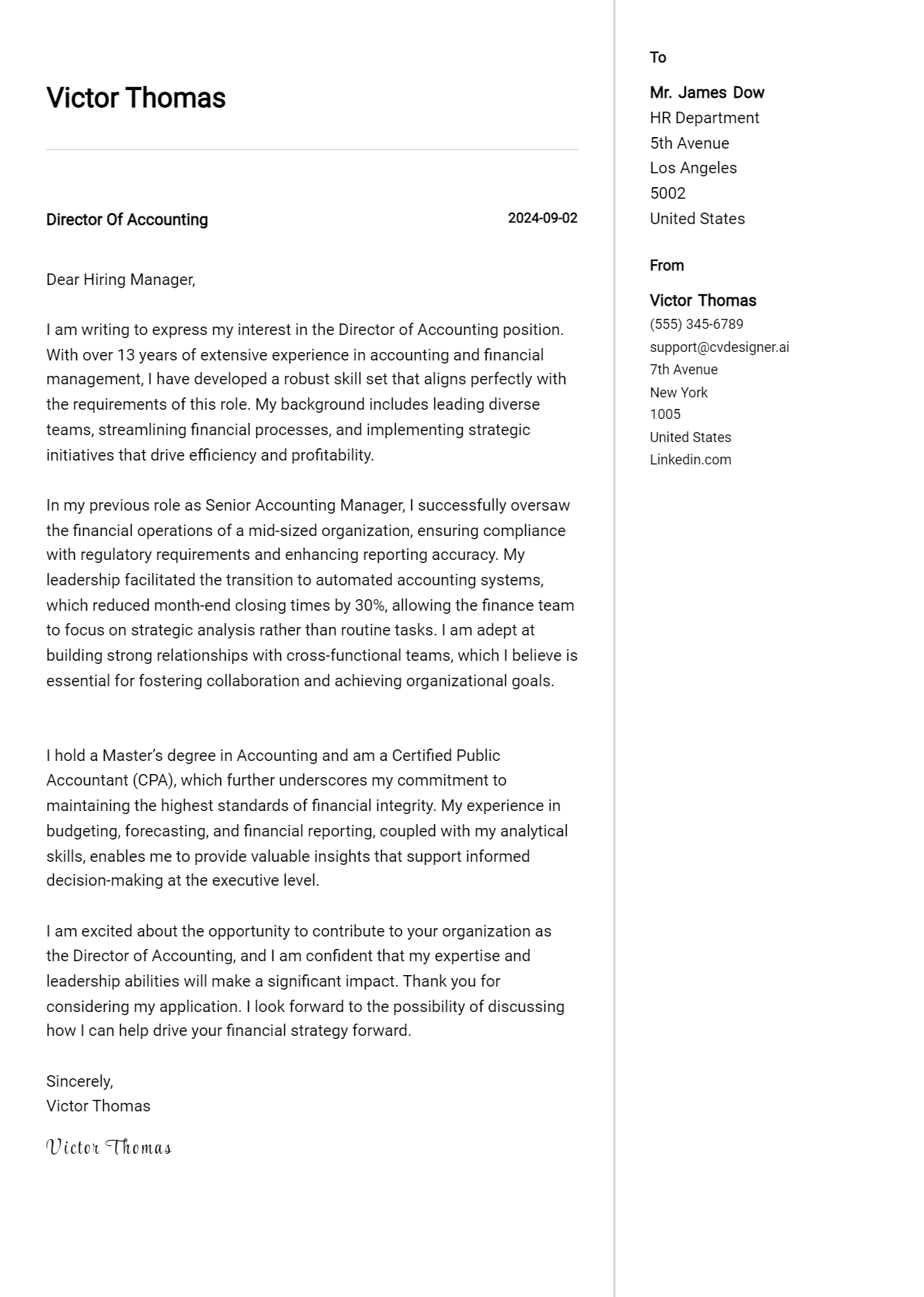 Director Of Accounting Cover Letter Examples for 2026 (Downloadable) Preview