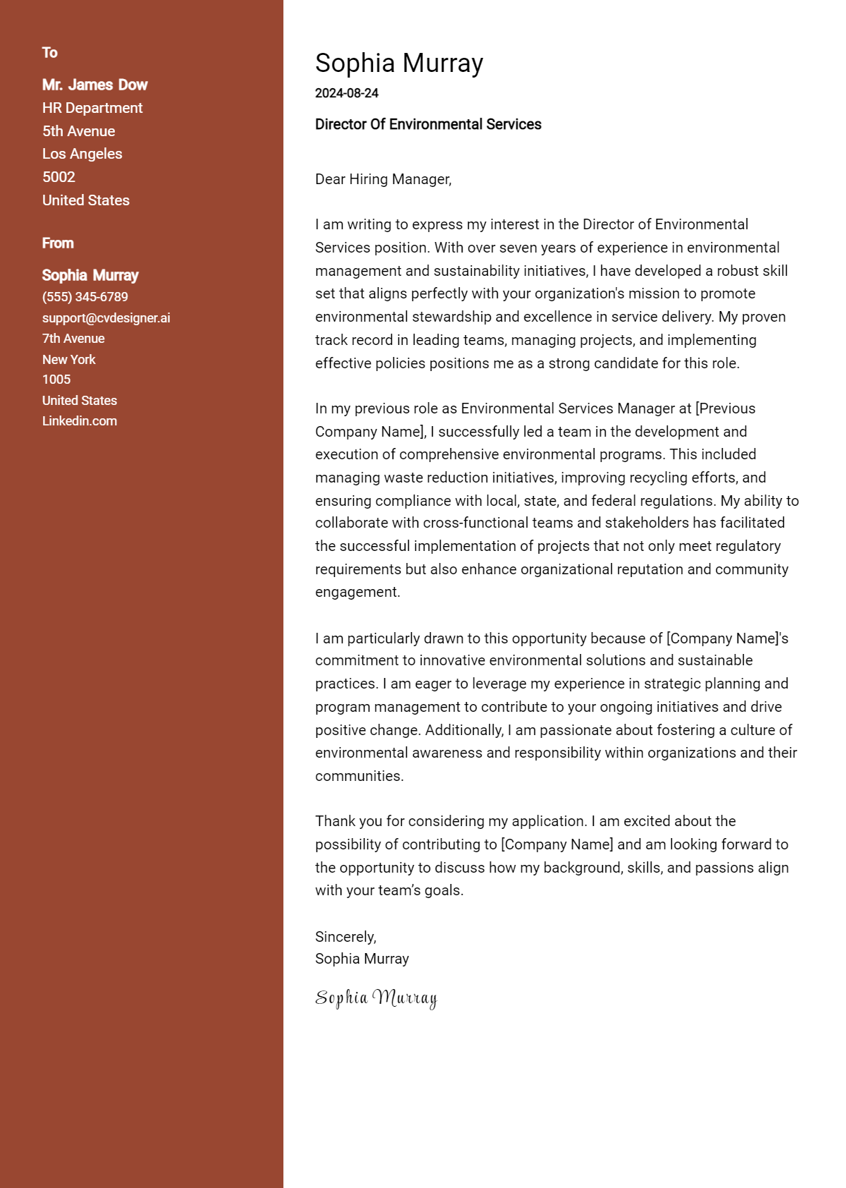 Director Of Environmental Services Cover Letter Example for 2026: Tips & Templates Preview