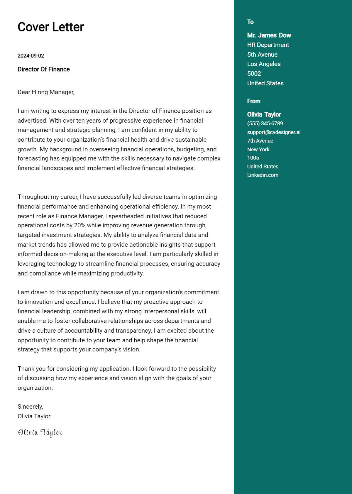 Director Of Finance Cover Letter Example for 2026: Free Templates Preview