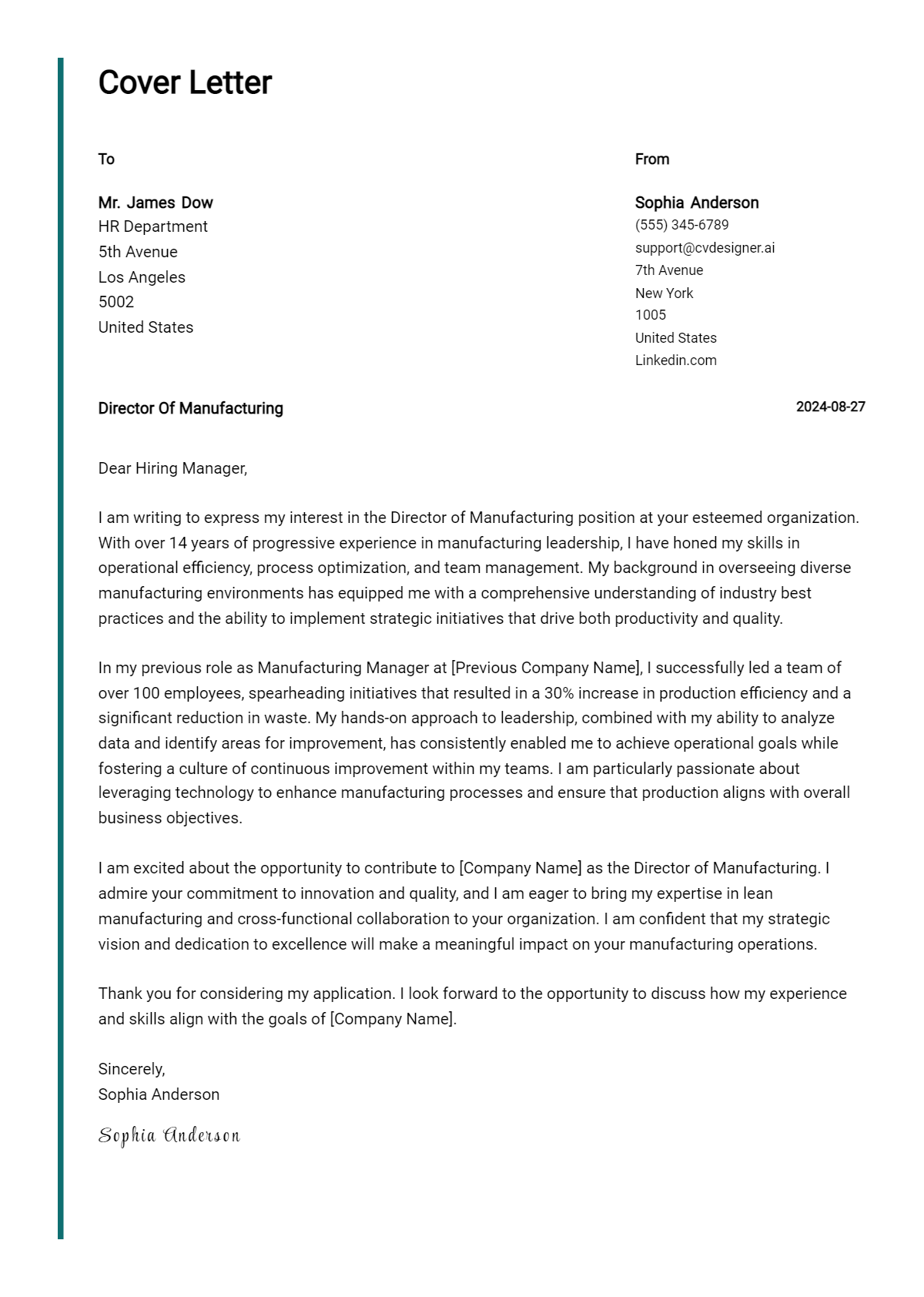 Director Of Manufacturing Cover Letter Example for 2026: Tips & Templates Preview