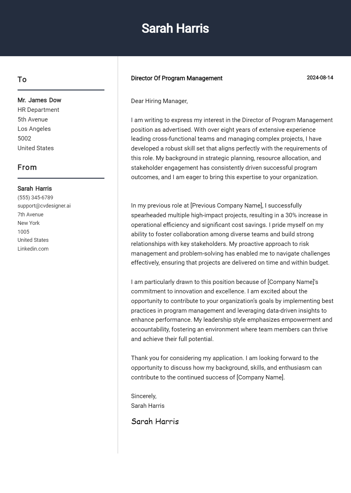 Director Of Program Management Cover Letter Examples & Samples for 2026 Preview