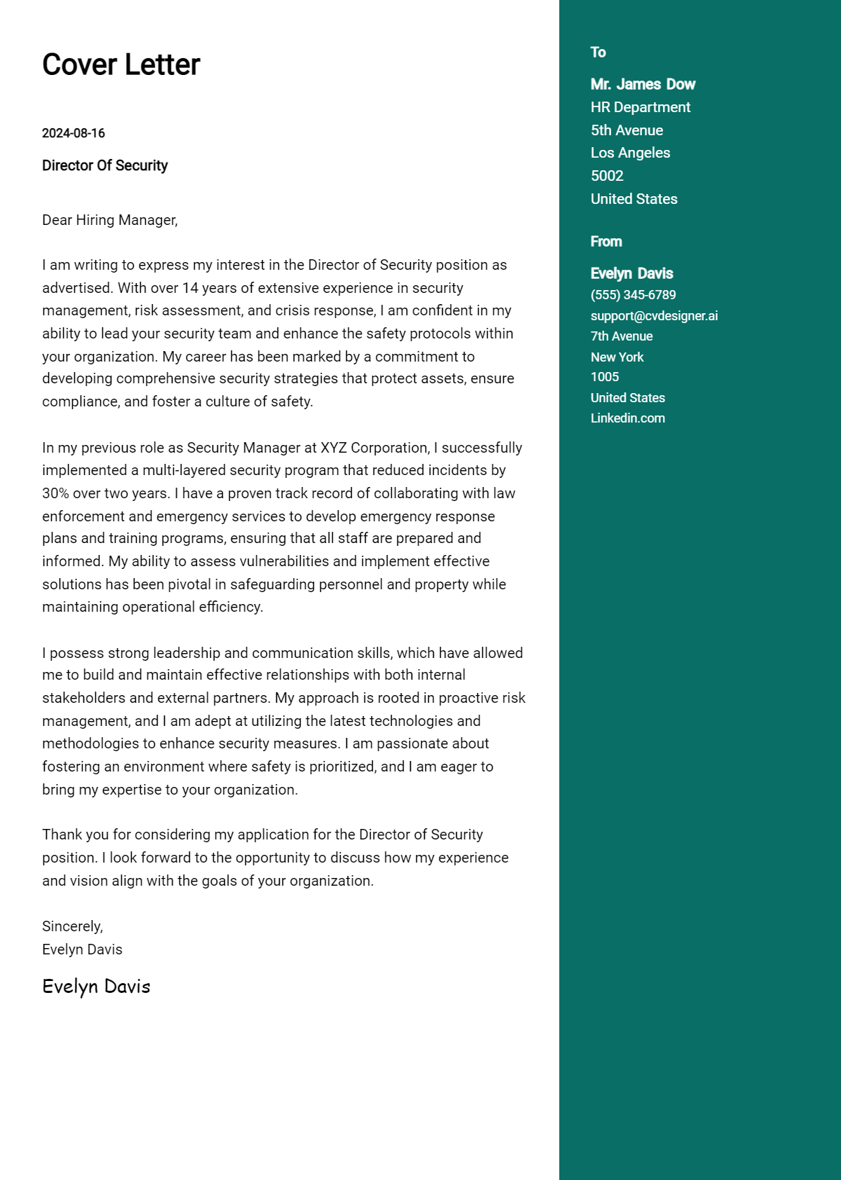 Director Of Security Cover Letter Example for 2026 (Download Templates) Preview