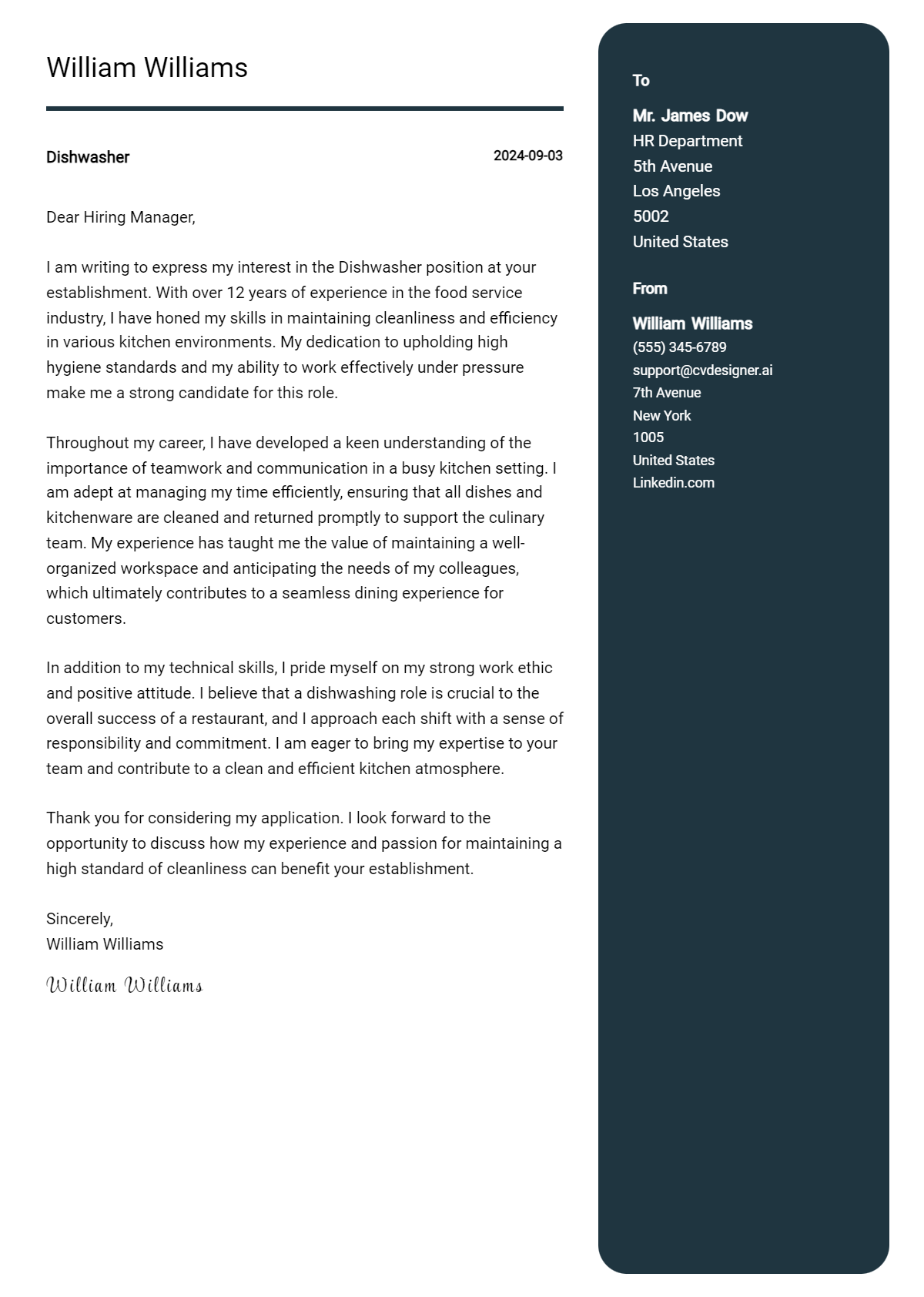 Dishwasher Cover Letter Example for 2026: Tips & Templates Preview