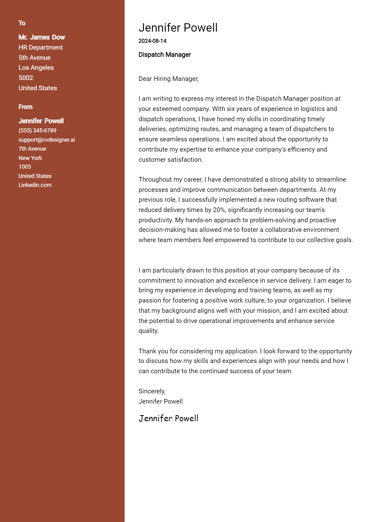 Dispatch Manager Cover Letter Samples & Examples 2026 Preview
