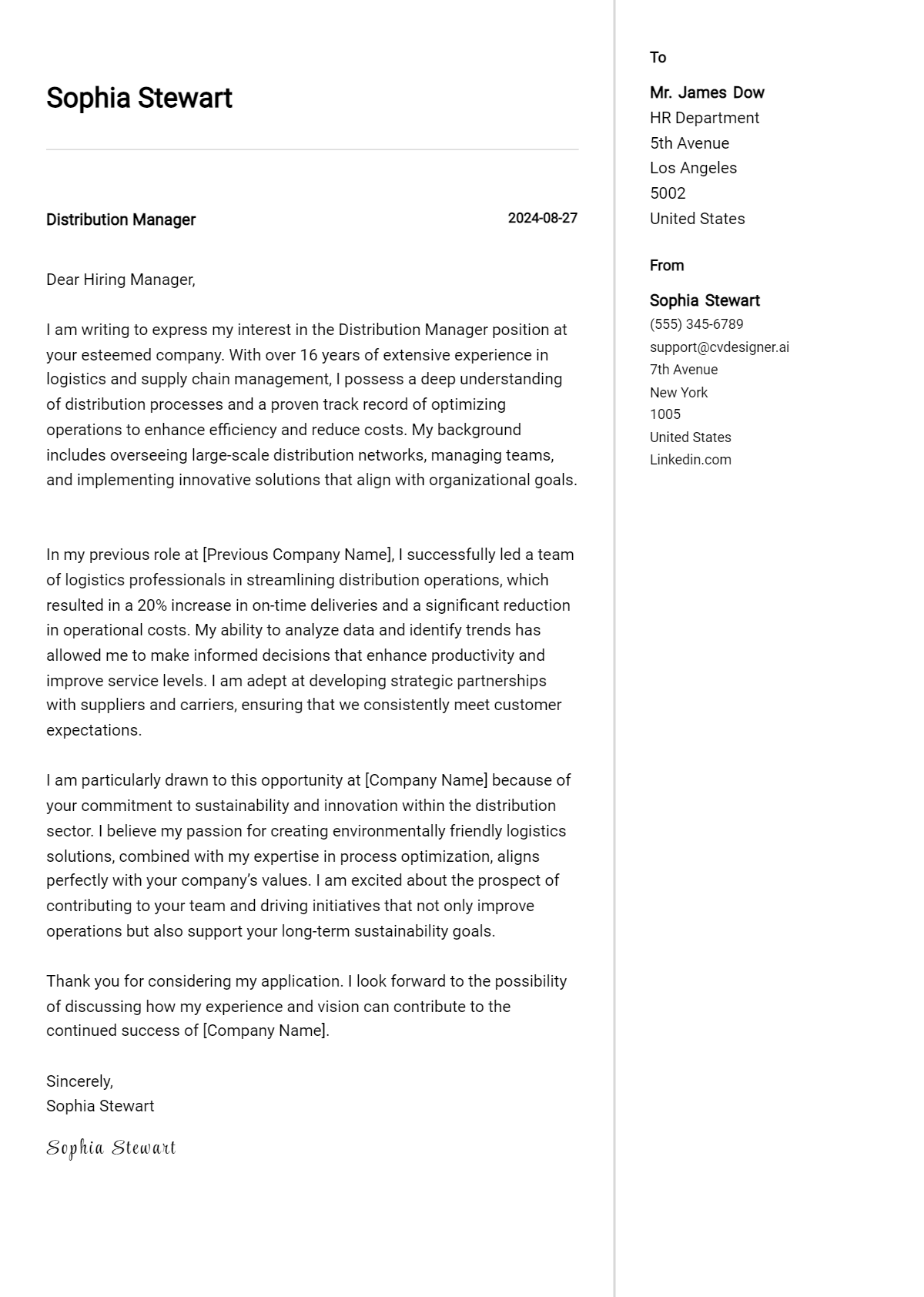 Distribution manager Cover Letter Example for 2026: Tips & Templates Preview