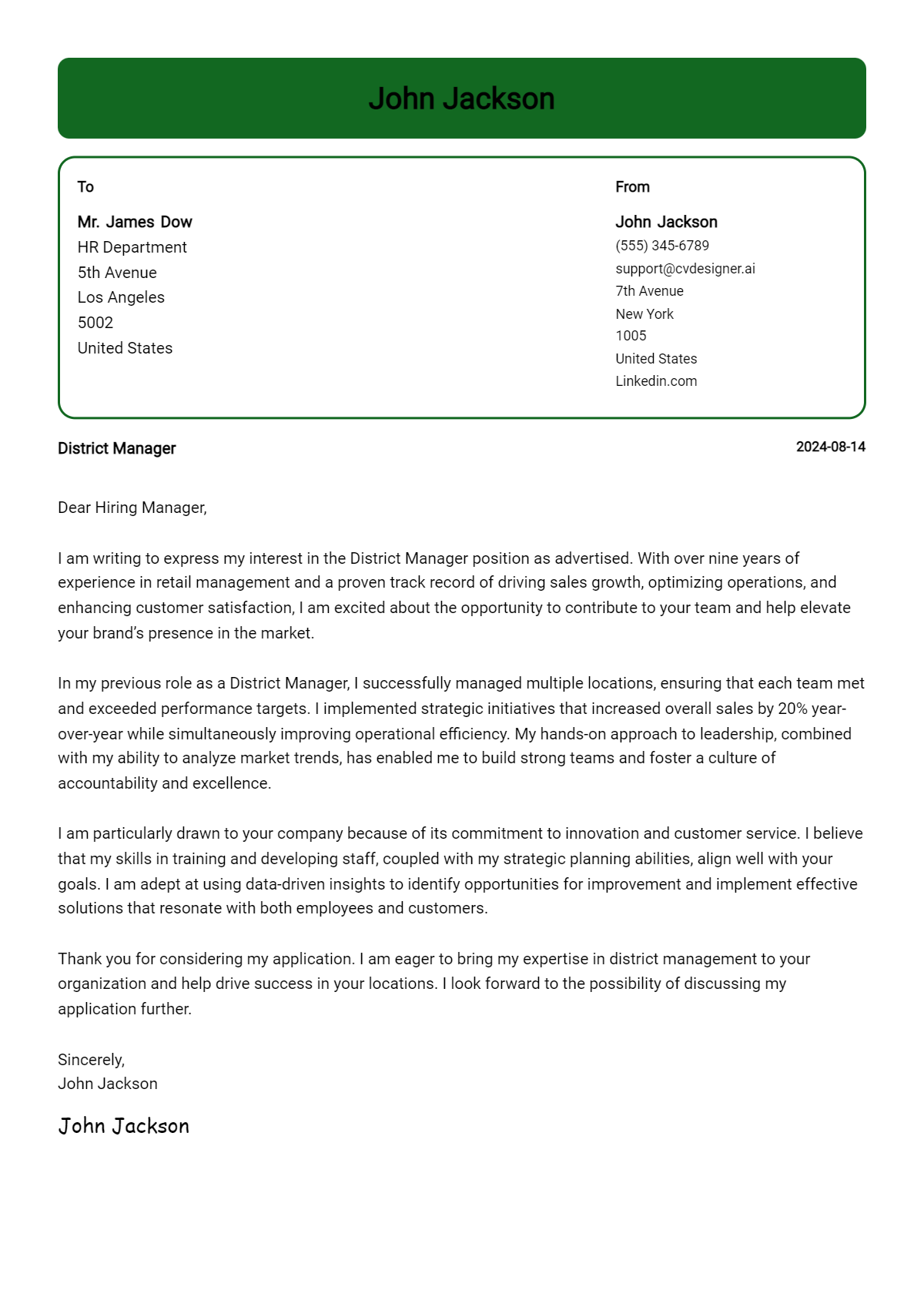 District Manager Cover Letter Examples for 2026 (Downloadable) Preview