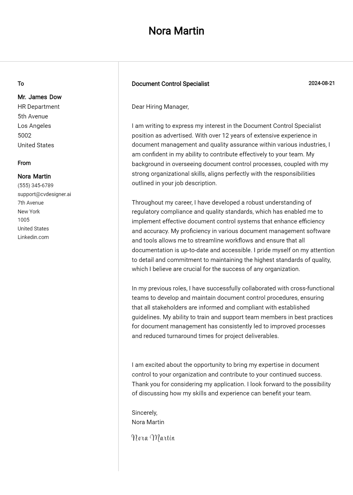 Document Control Specialist Cover Letter Example for 2026: Tips & Templates Preview