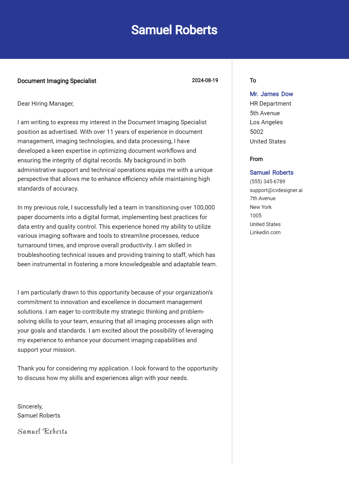 Document Imaging Specialist Cover Letter Example for 2026: Tips & Templates Preview