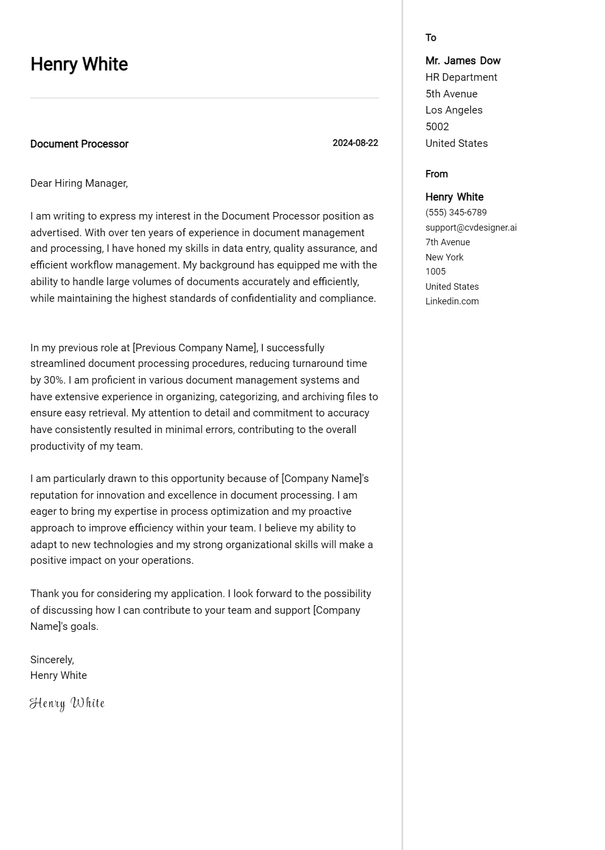 Document Processor Cover Letter Examples & Samples for 2026 Preview