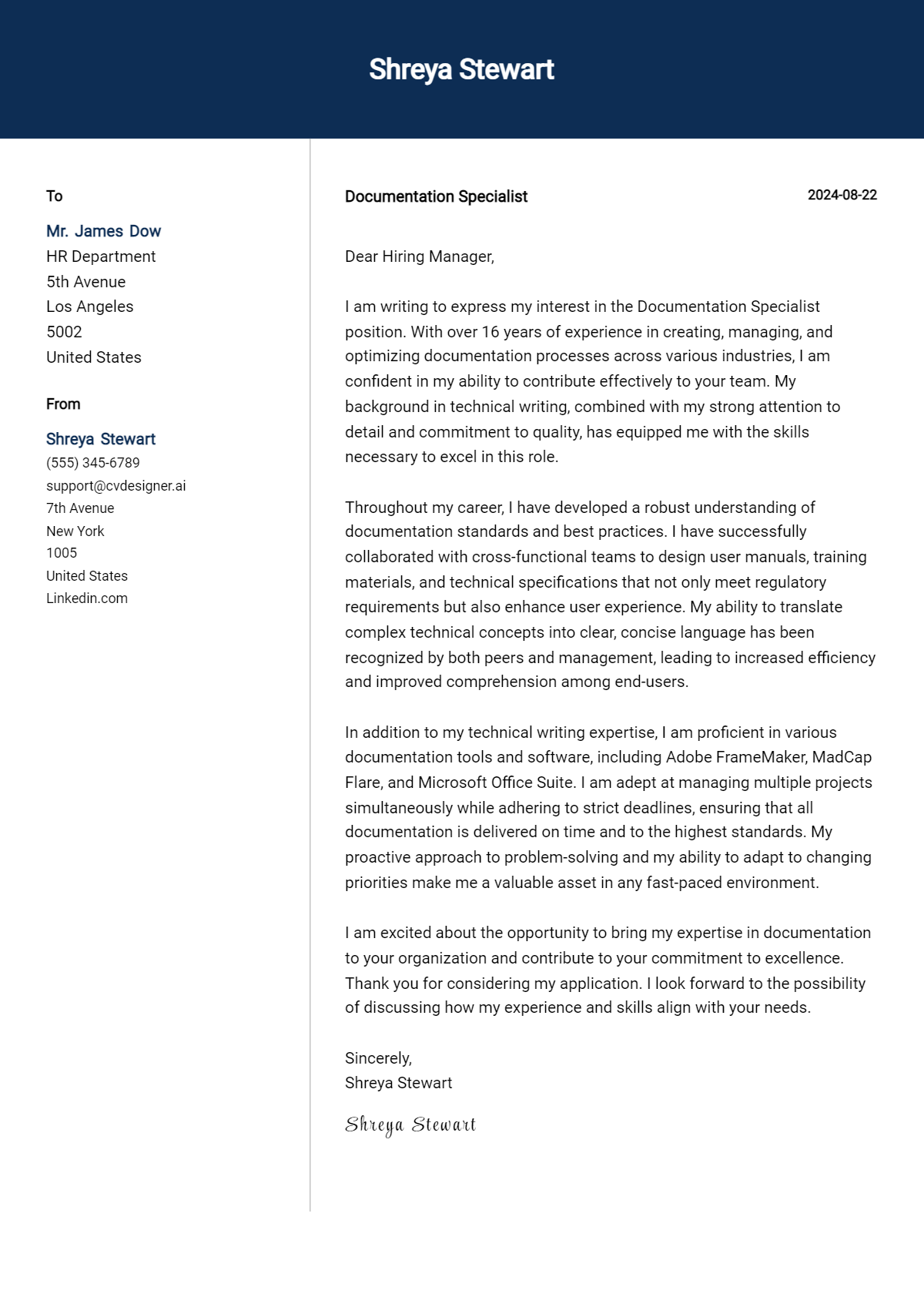 Documentation Specialist Cover Letter Examples for 2026 (Downloadable) Preview