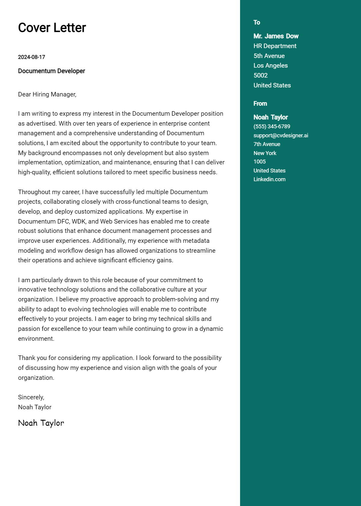 Documentum Developer Cover Letter Example for 2026 (Writing Guide) Preview