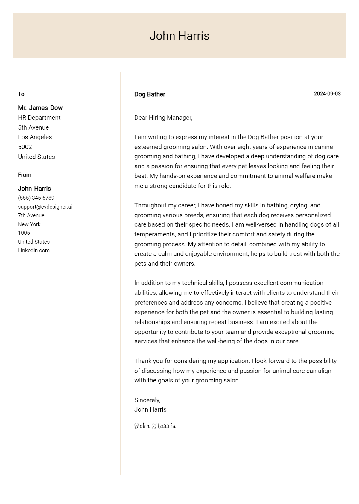 Dog Bather Cover Letter Examples & Samples for 2026 Preview