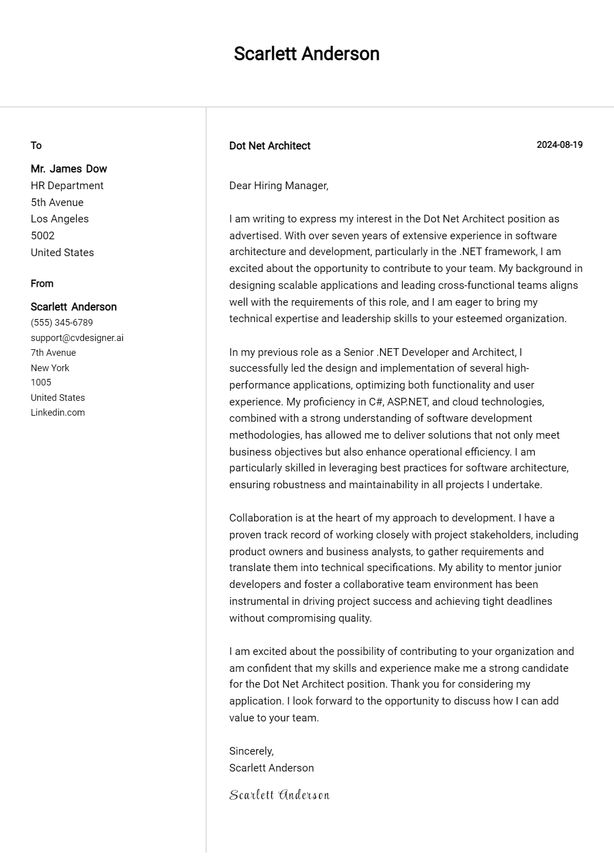 Dot Net Architect Cover Letter Example for 2026 (Download Templates) Preview
