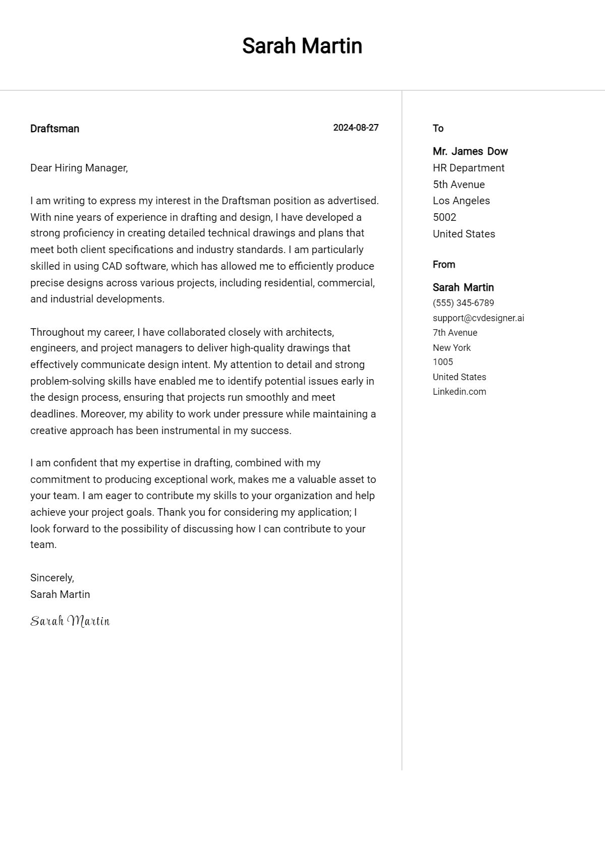 Draftsman Cover Letter Example for 2026: Ultimate Guide Preview