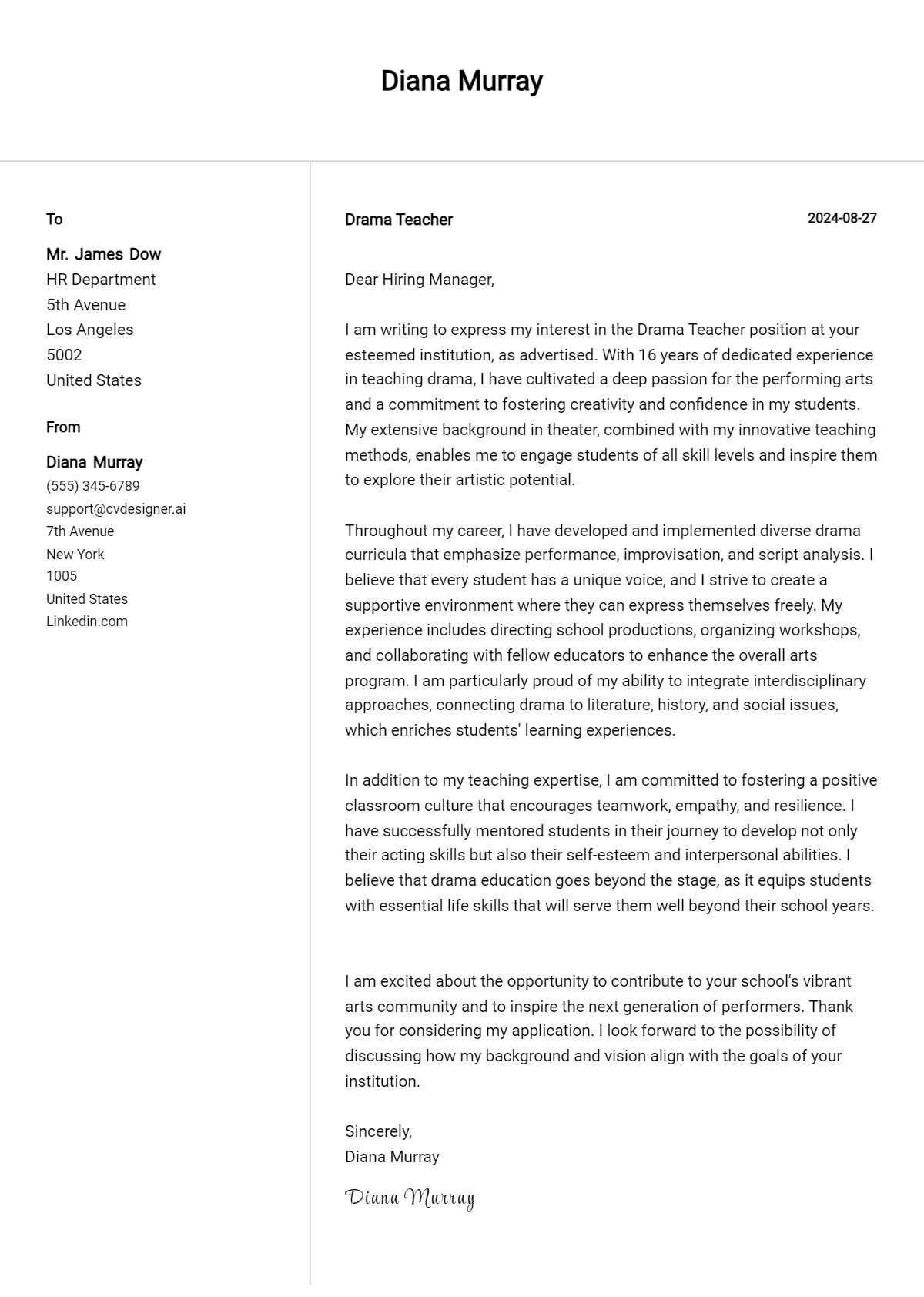 Drama Teacher Cover Letter Example for 2026: Free Templates Preview