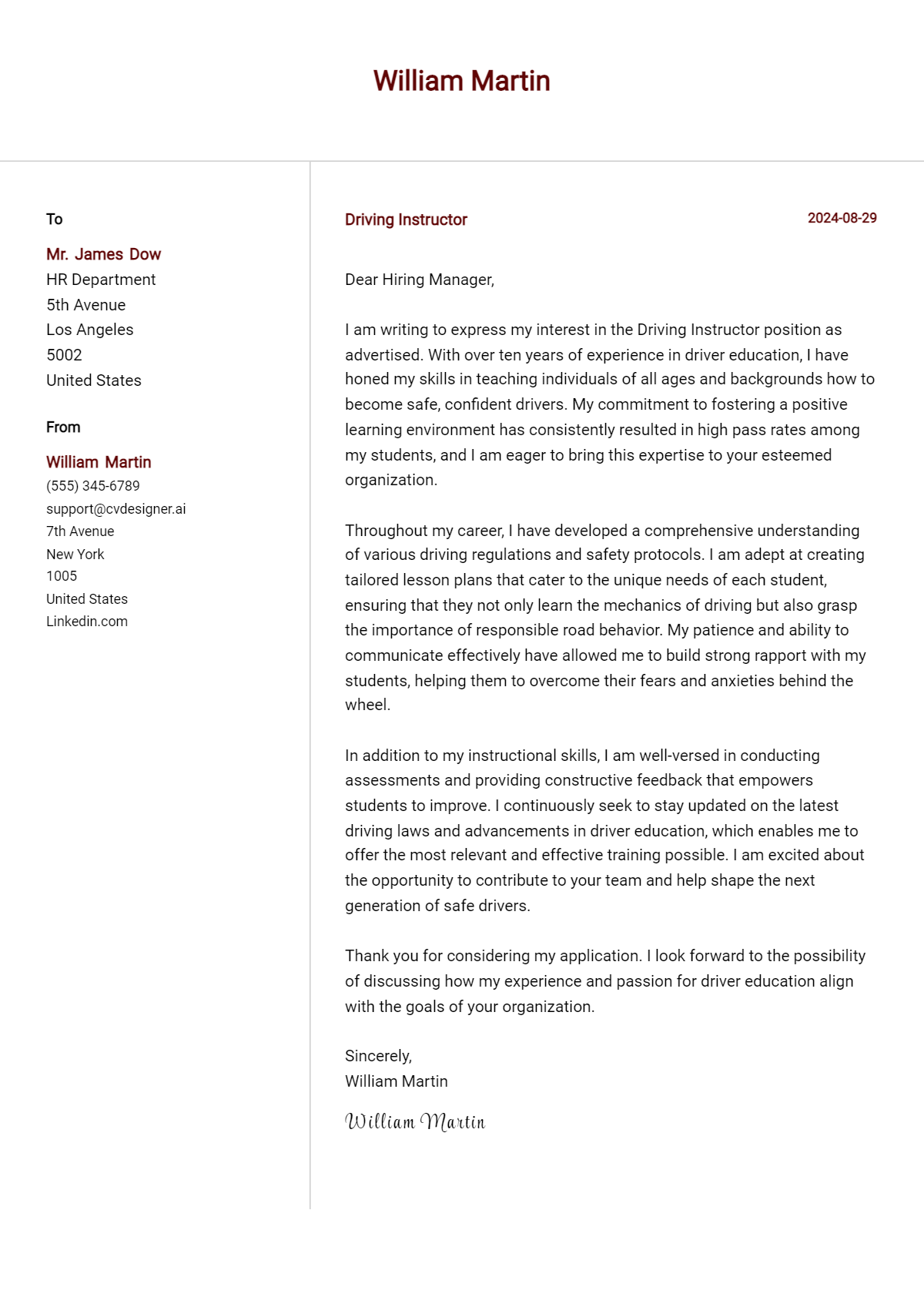 Driving Instructor Cover Letter Example for 2026 (Download Templates) Preview