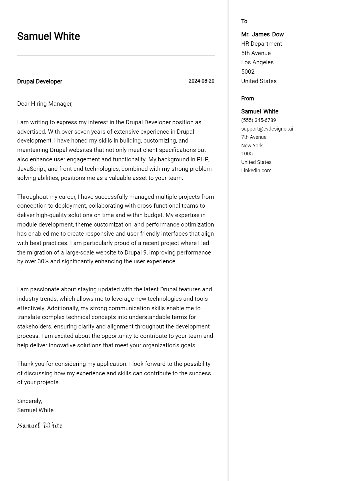 Drupal Developer Cover Letter Example for 2026: Expert Tips & Templates Preview