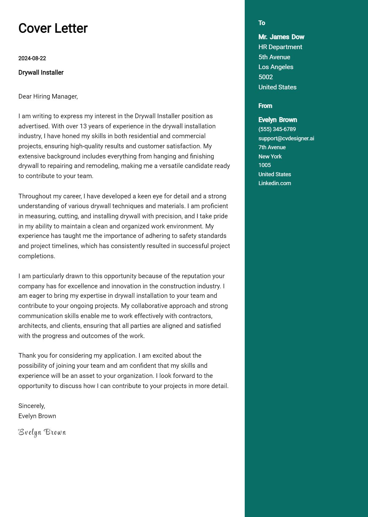 Drywall Installer Cover Letter Example for 2026: Top CV Skills Preview