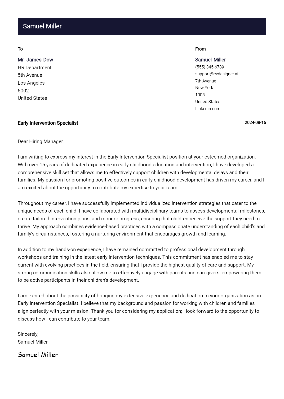 Early Intervention Specialist Cover Letter Examples & Samples for 2026 Preview