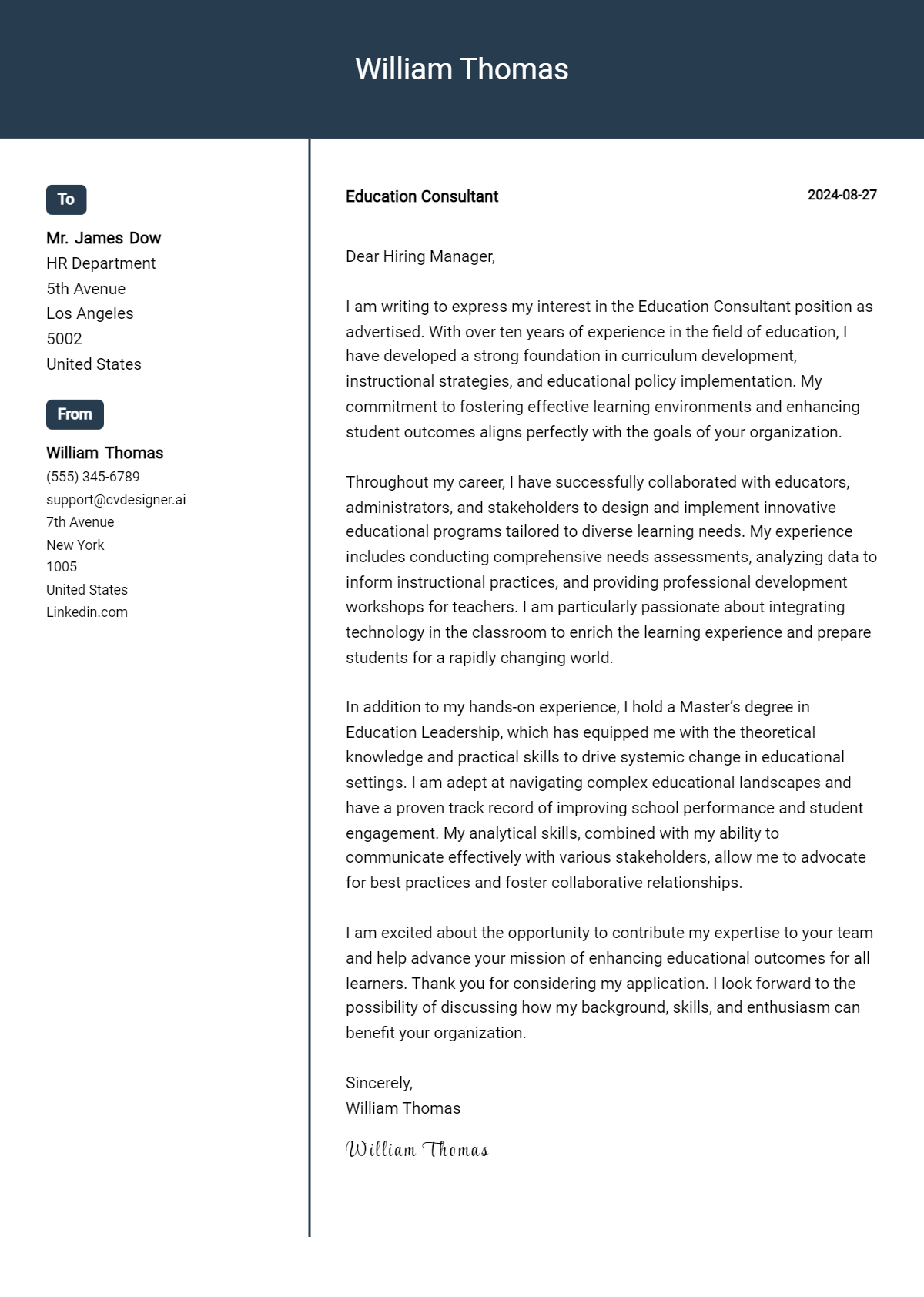Education Consultant Cover Letter Example for 2026 (Free Templates) Preview