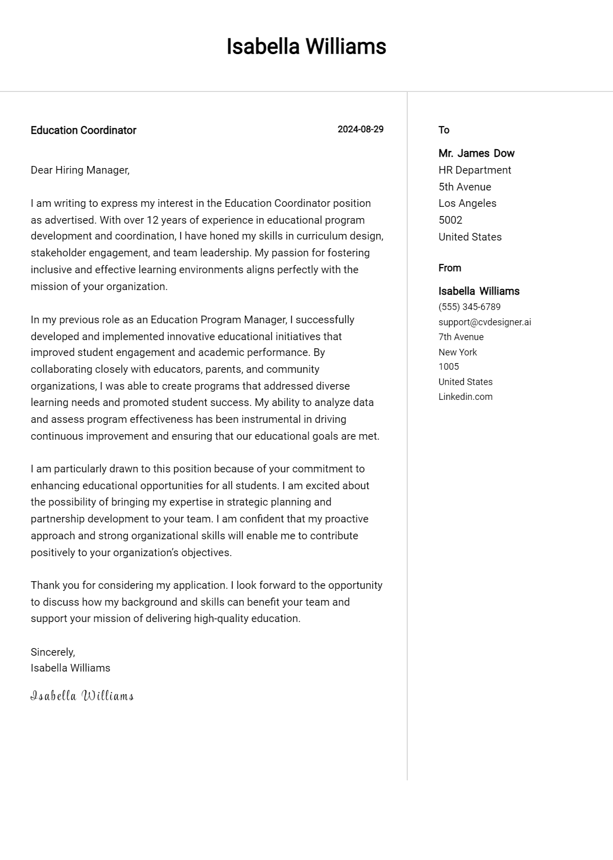 Education Coordinator Cover Letter Examples and Templates for 2026 Preview