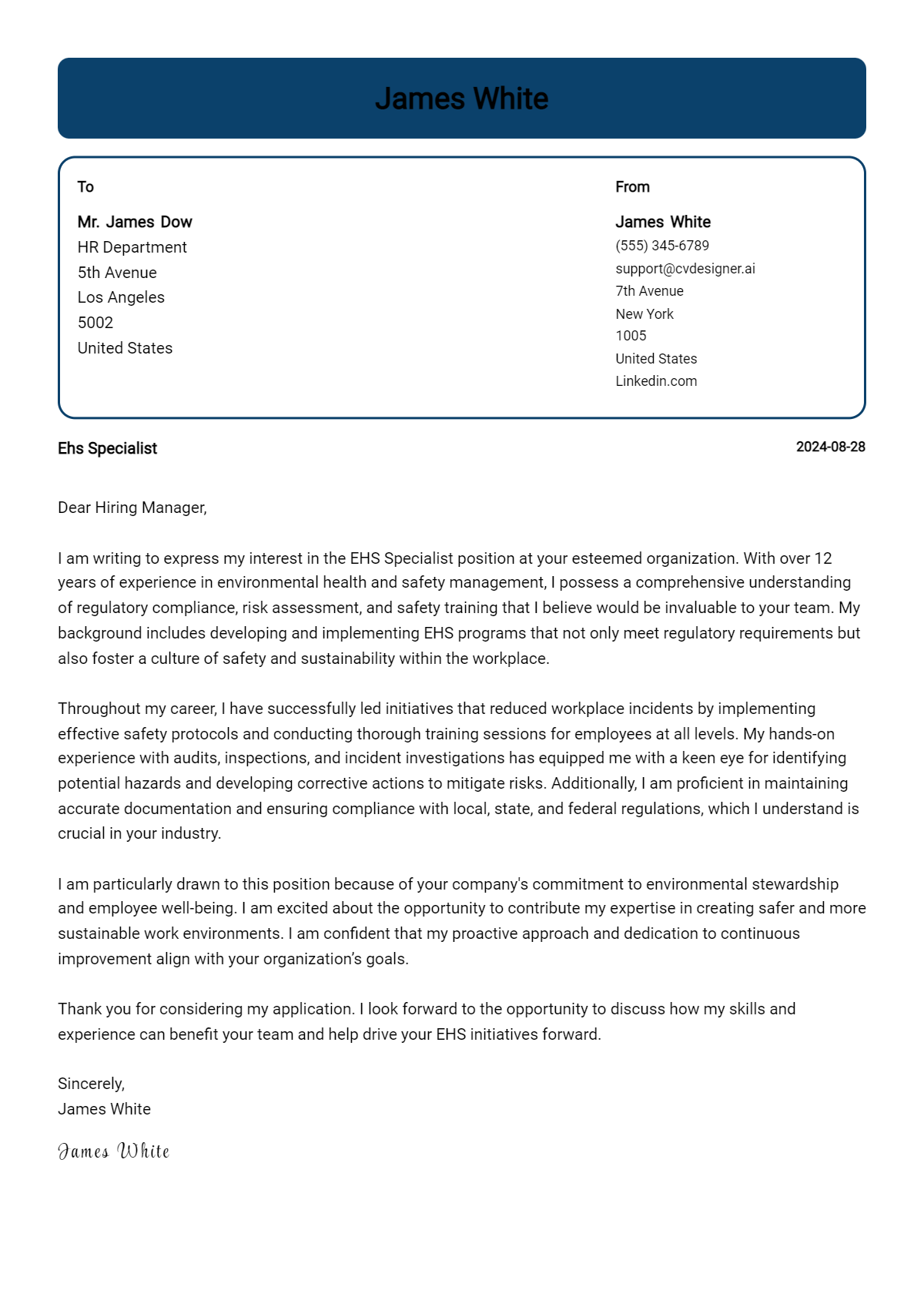 Ehs Specialist Cover Letter Examples and Templates for 2026 Preview