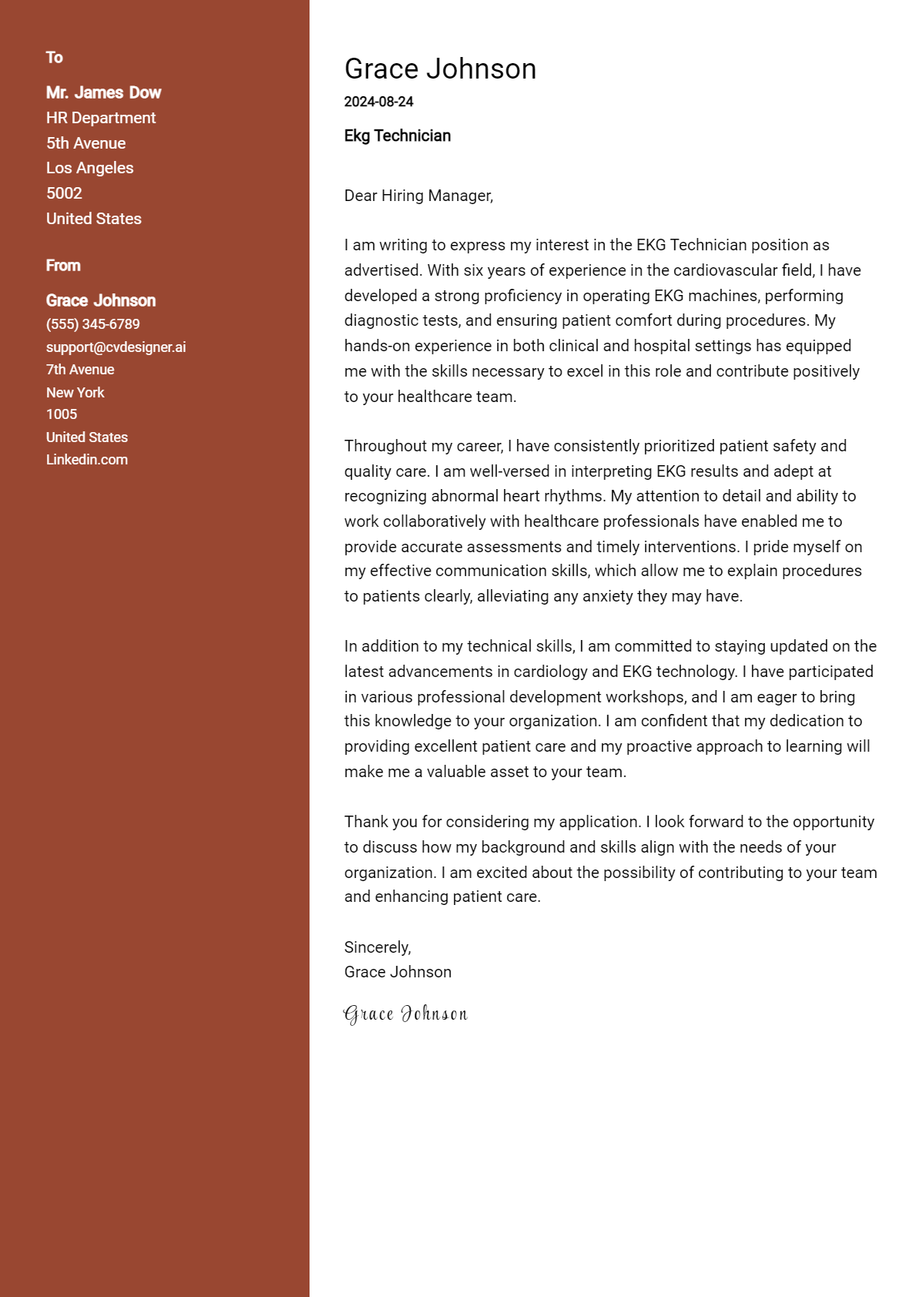 Ekg Technician Cover Letter Examples & Samples for 2026 Preview